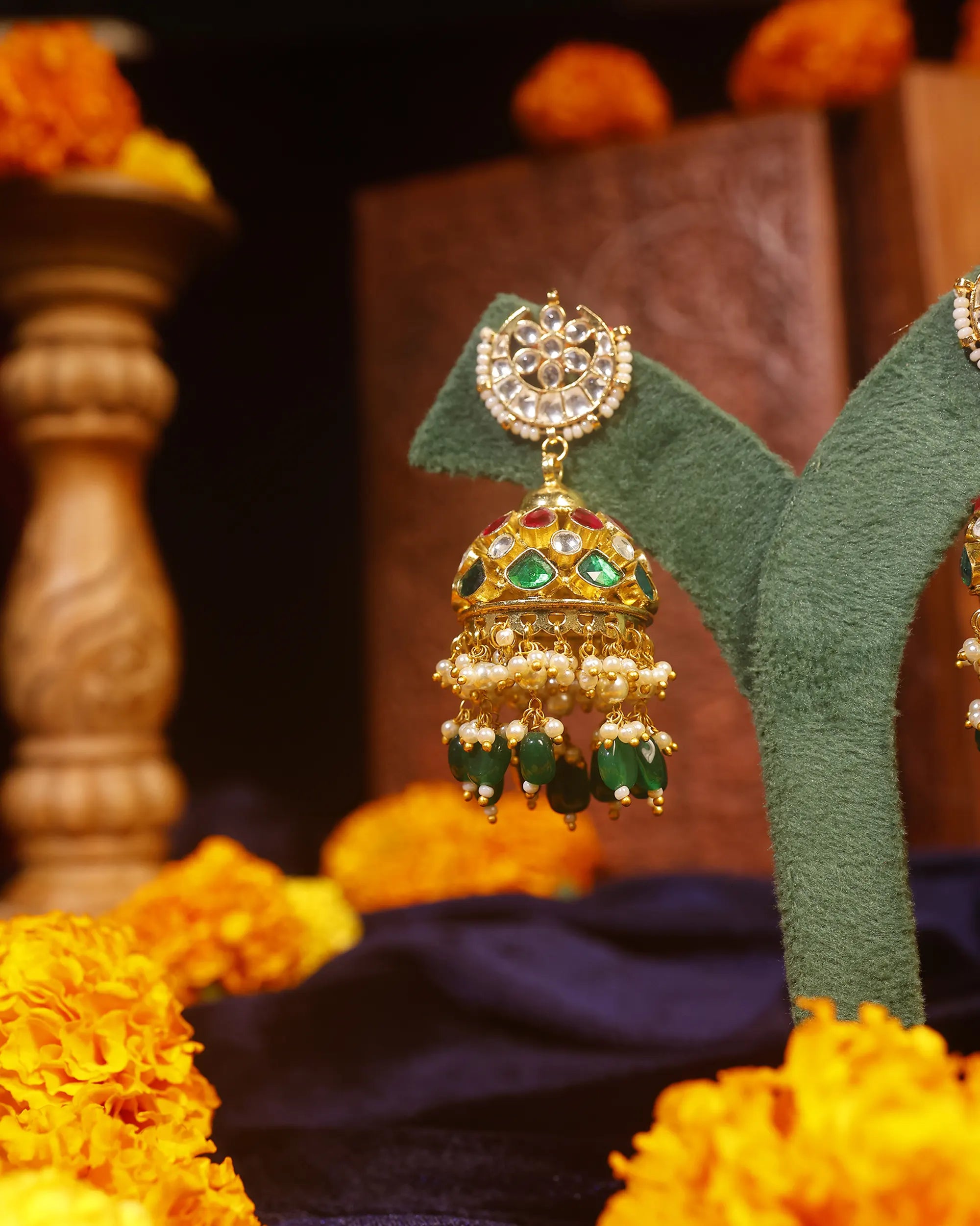 Green Kundan Jhumka Earrings, Pearl Drop Bridal Jewelry