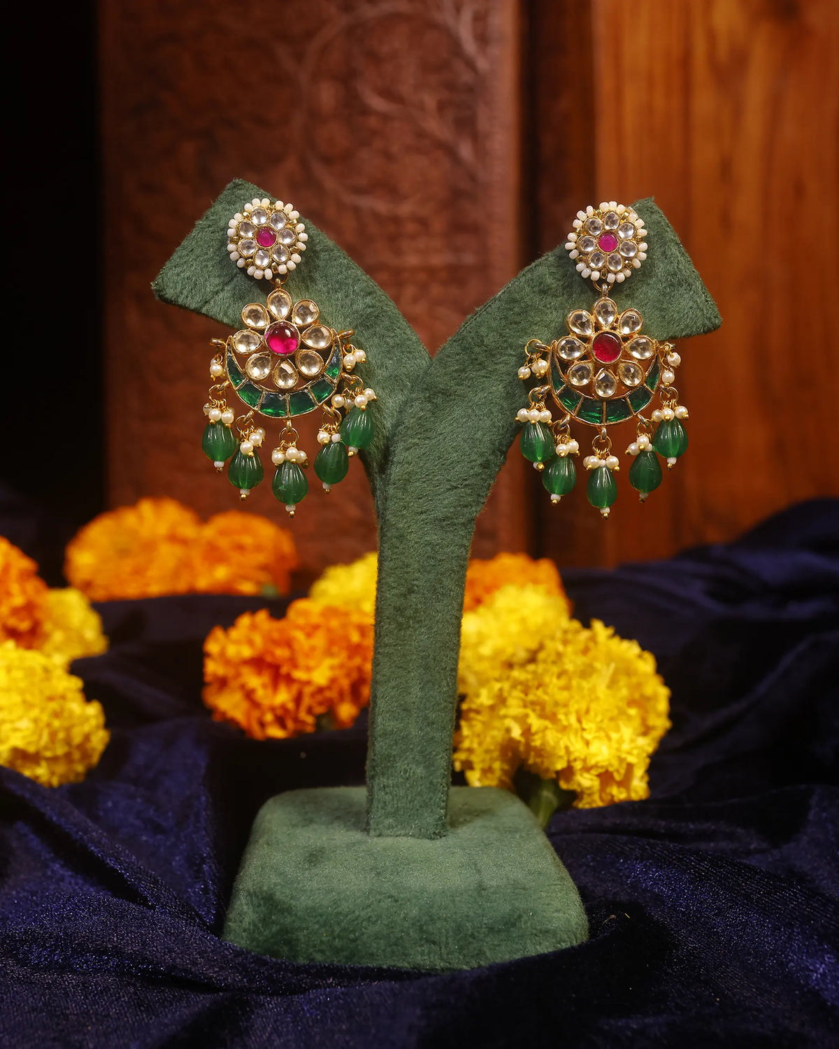 Pachi Kundan Chandbali Earrings, Emerald Lotus Bridal Jewelry, Indian Wedding Festive
