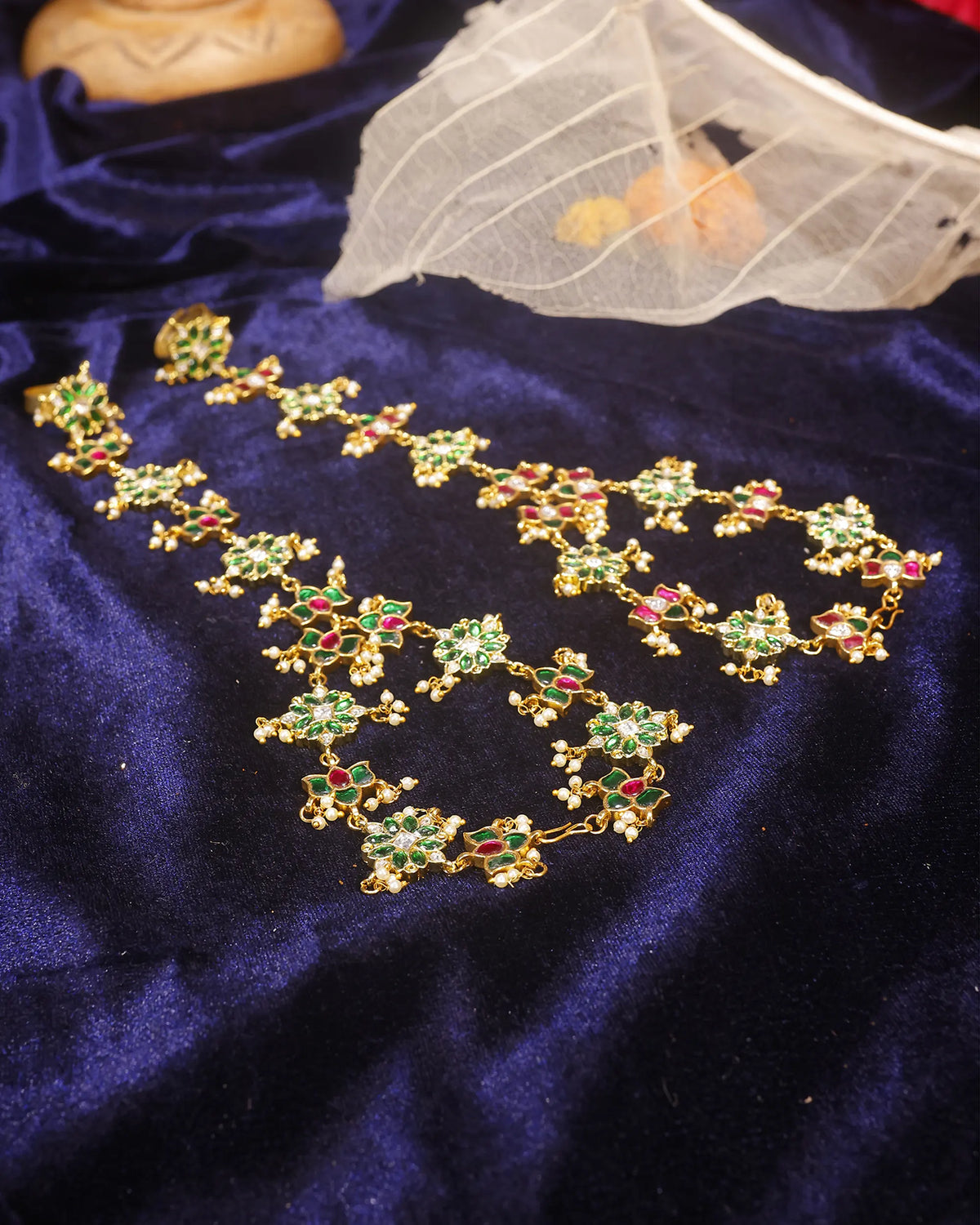 Floral Kundan Hathphool with Enamel, Pearl Accents Bridal Hand Harness Jewelry