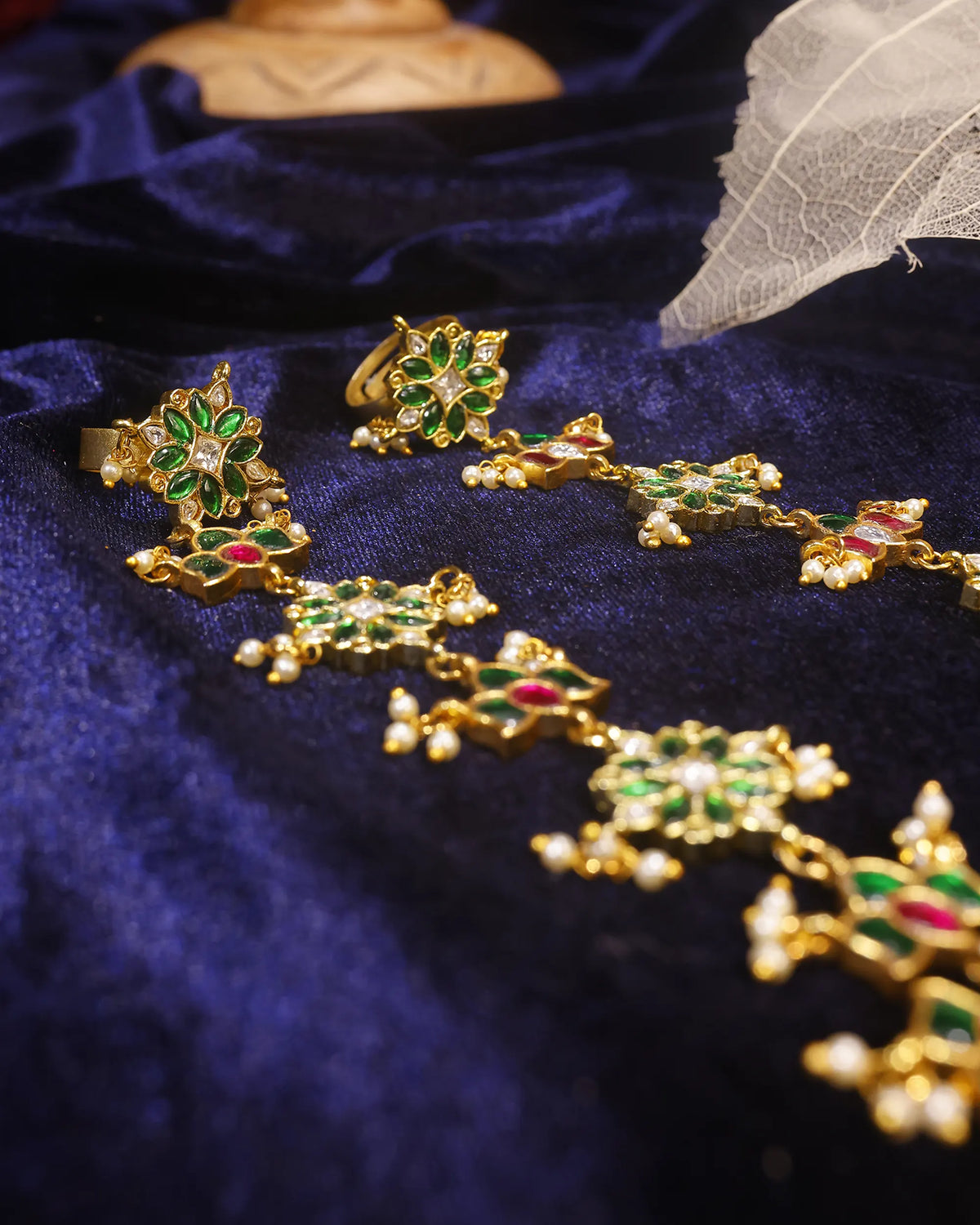 Floral Kundan Hathphool with Enamel, Pearl Accents Bridal Hand Harness Jewelry