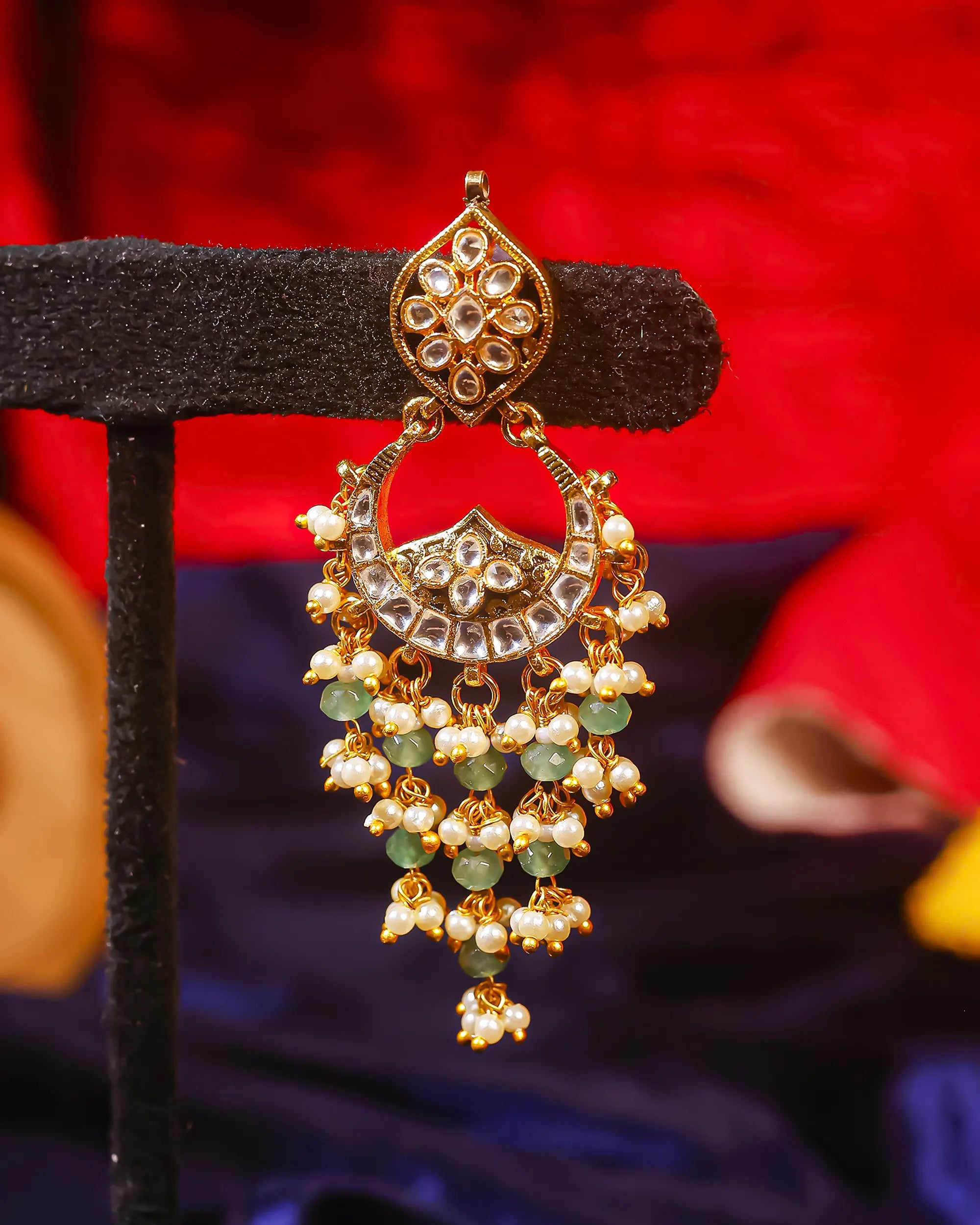 Heritage Pachi Kundan Chandbali Earrings Mint Green Beads and Pearls Jewellery