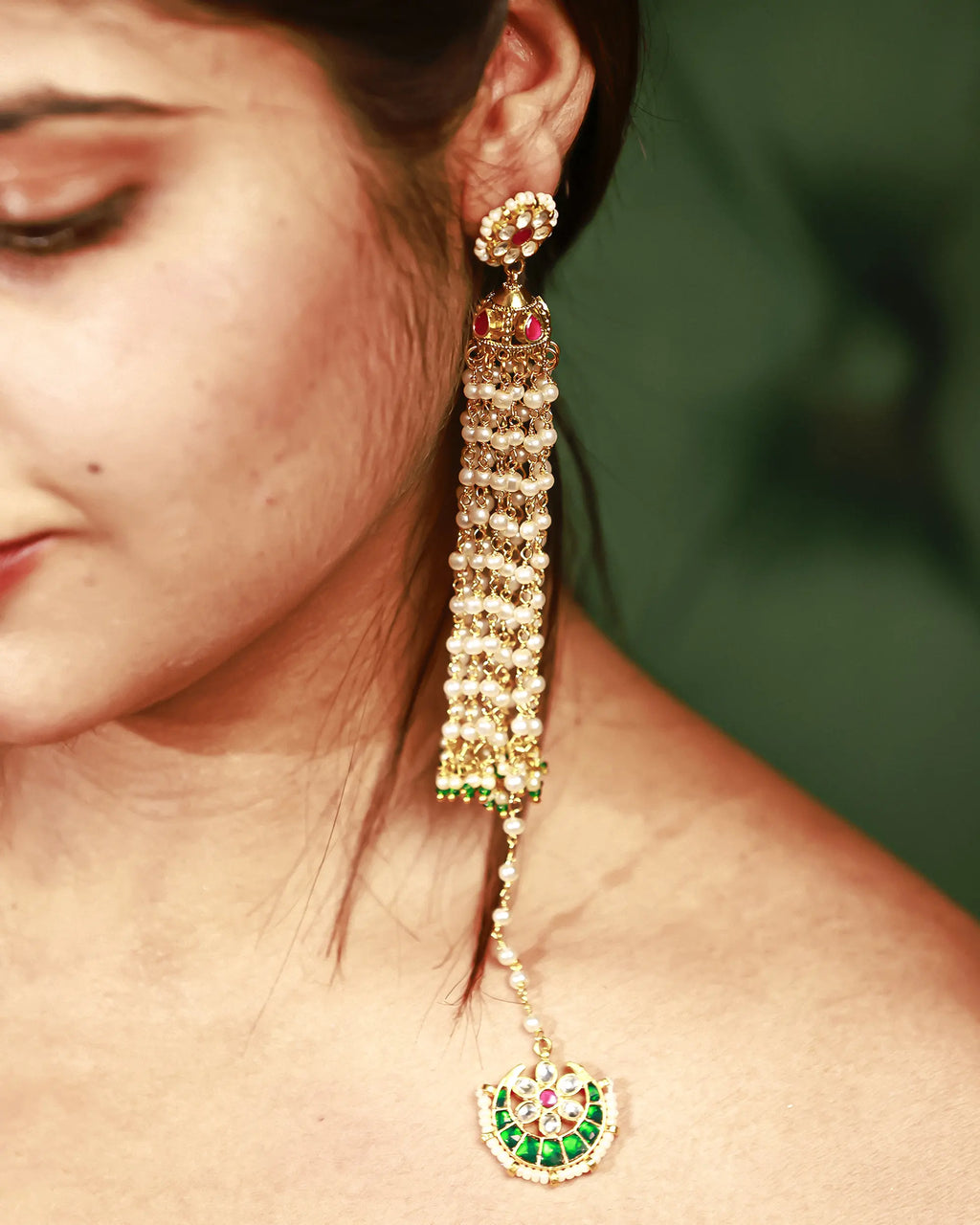 Royal Pearl Jhumka Earrings with Chandbali, Indian Bridal Meenakari Jewelry