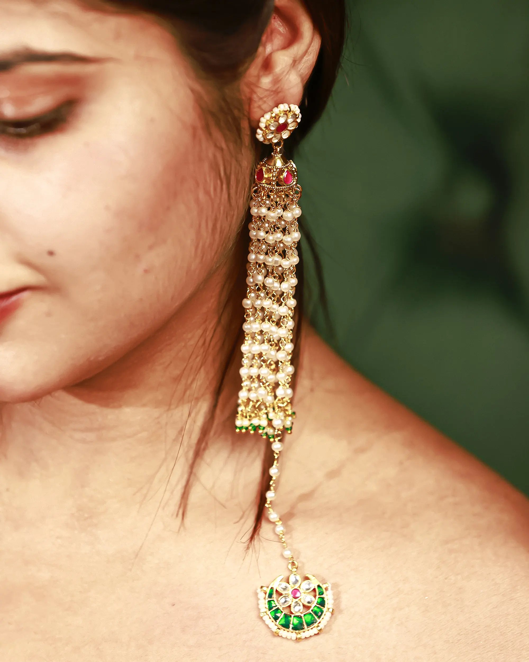 Royal Pearl Jhumka Earrings with Chandbali, Indian Bridal Meenakari Jewelry