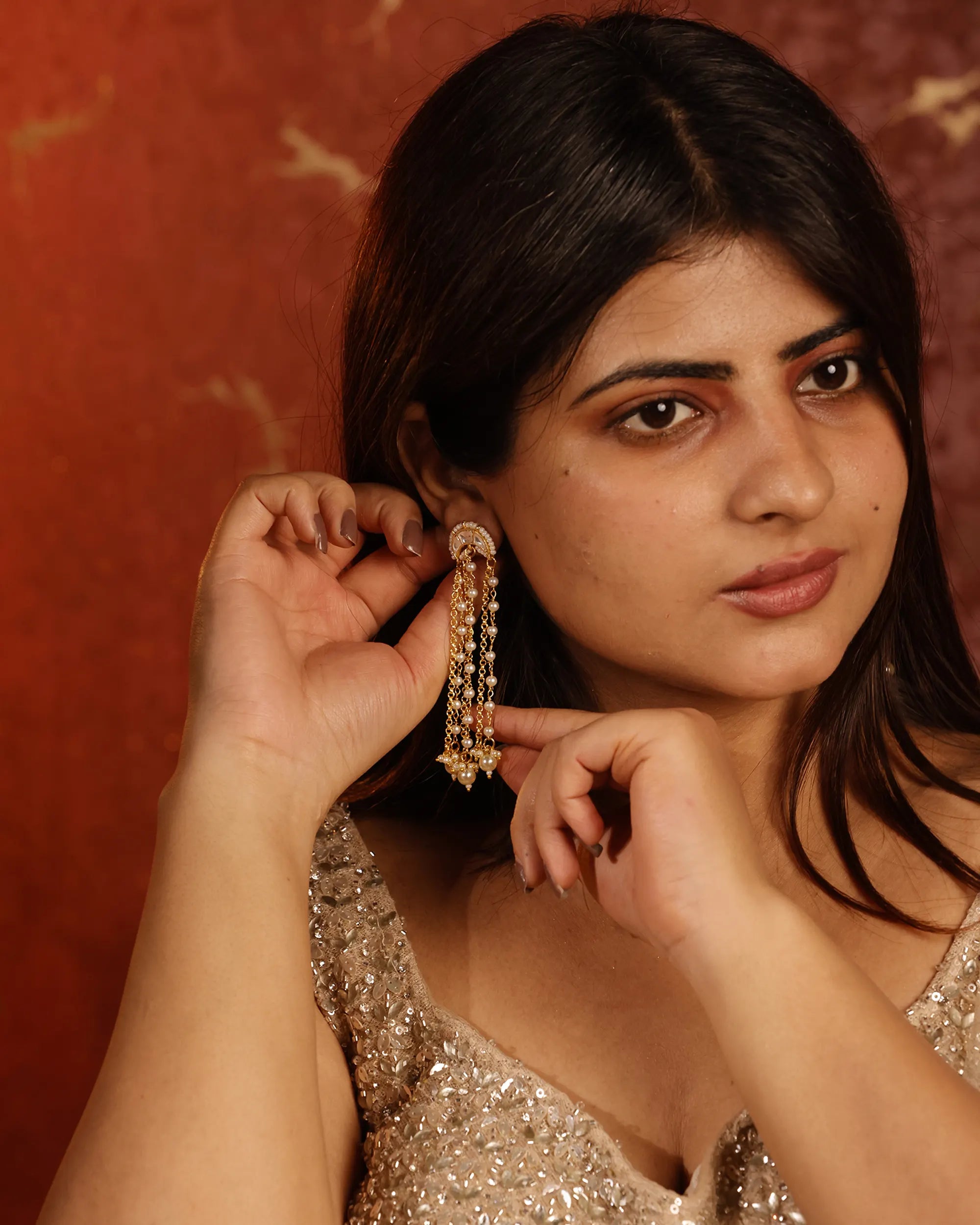 Multi Layer Pearl Chain Chand Earrings, Pachi Kundan Bridal Statement Jewellery
