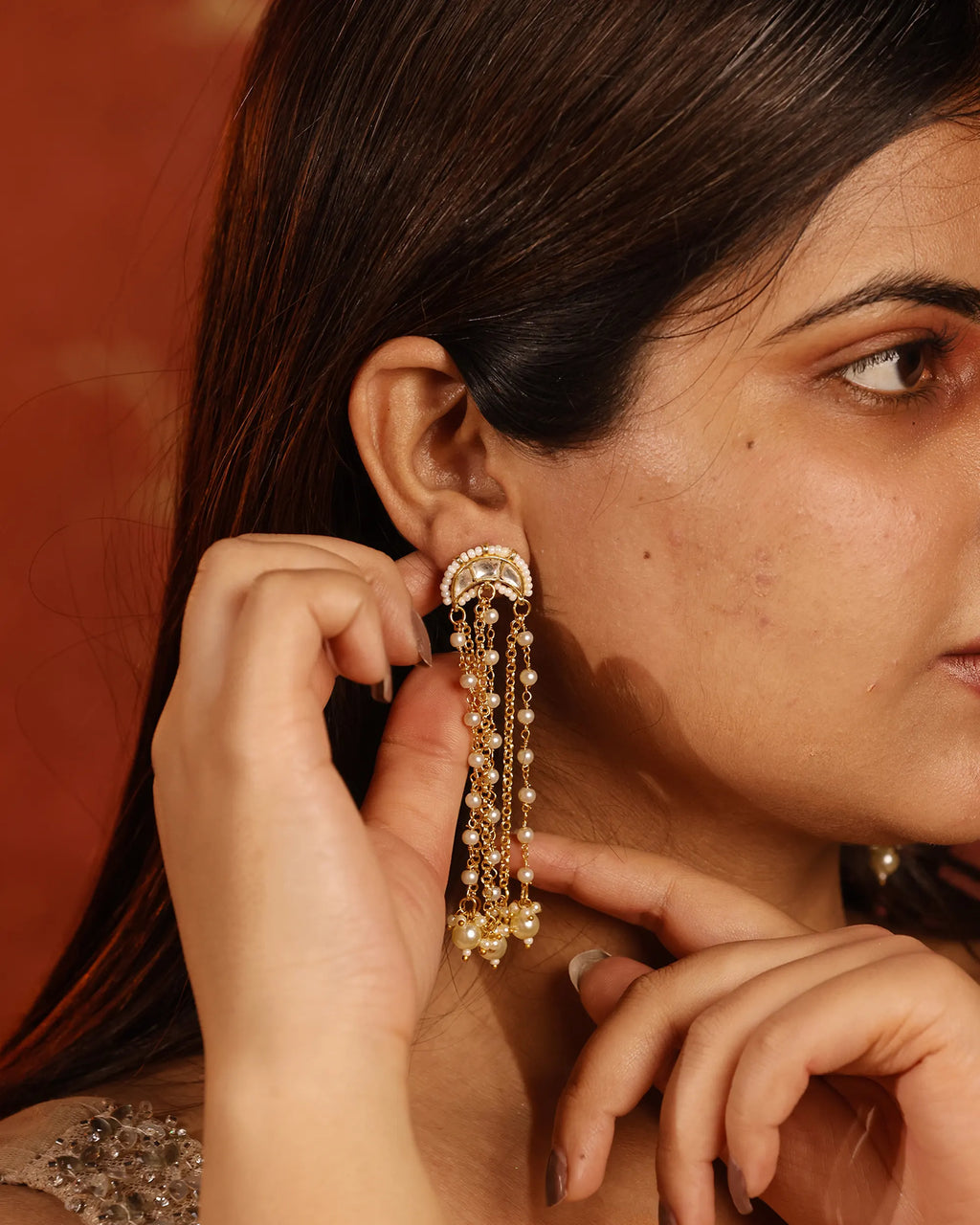 Multi Layer Pearl Chain Chand Earrings, Pachi Kundan Bridal Statement Jewellery