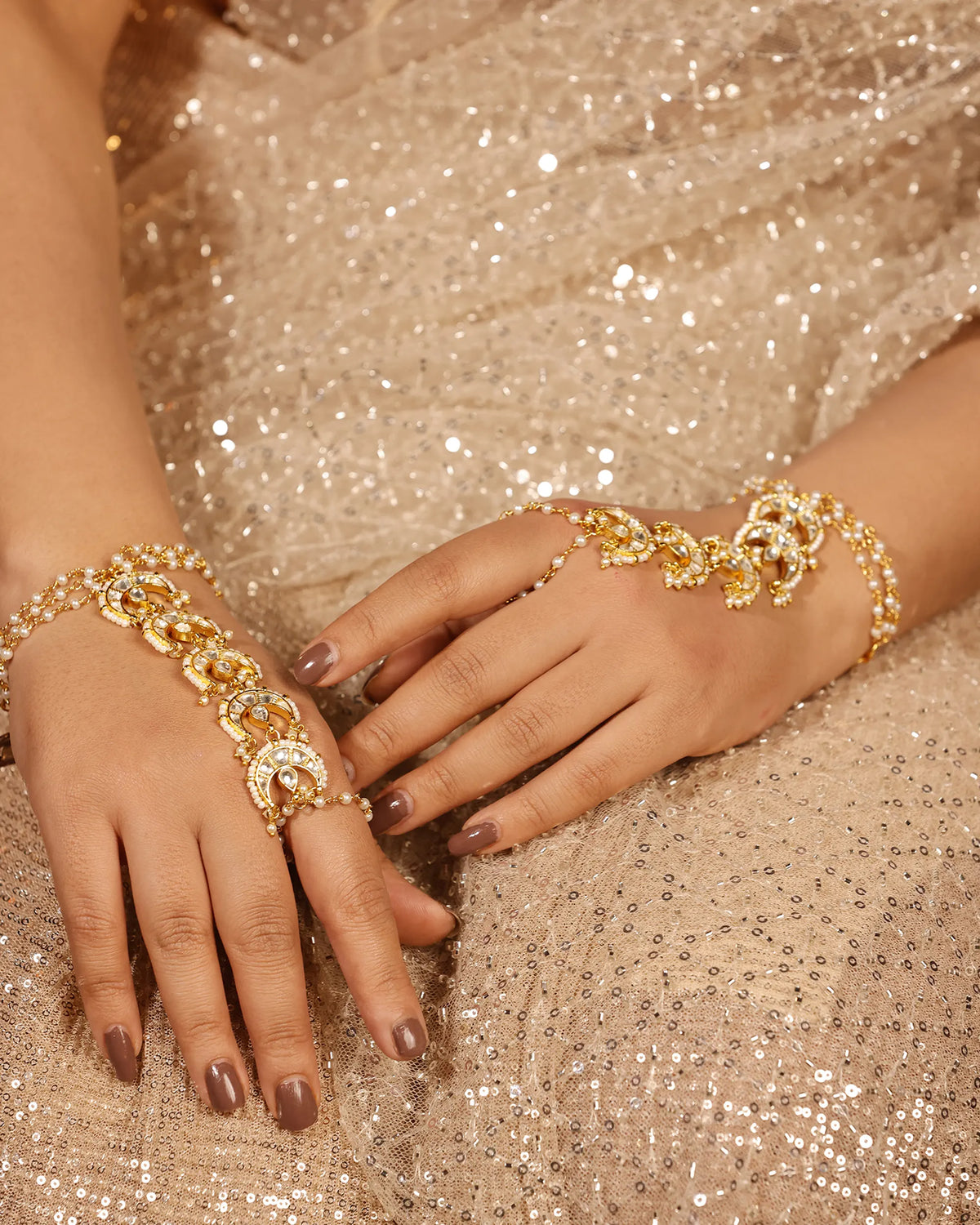 Traditional Kundan Hathphool Hand Harness Pearl and Stone Hand Accessory