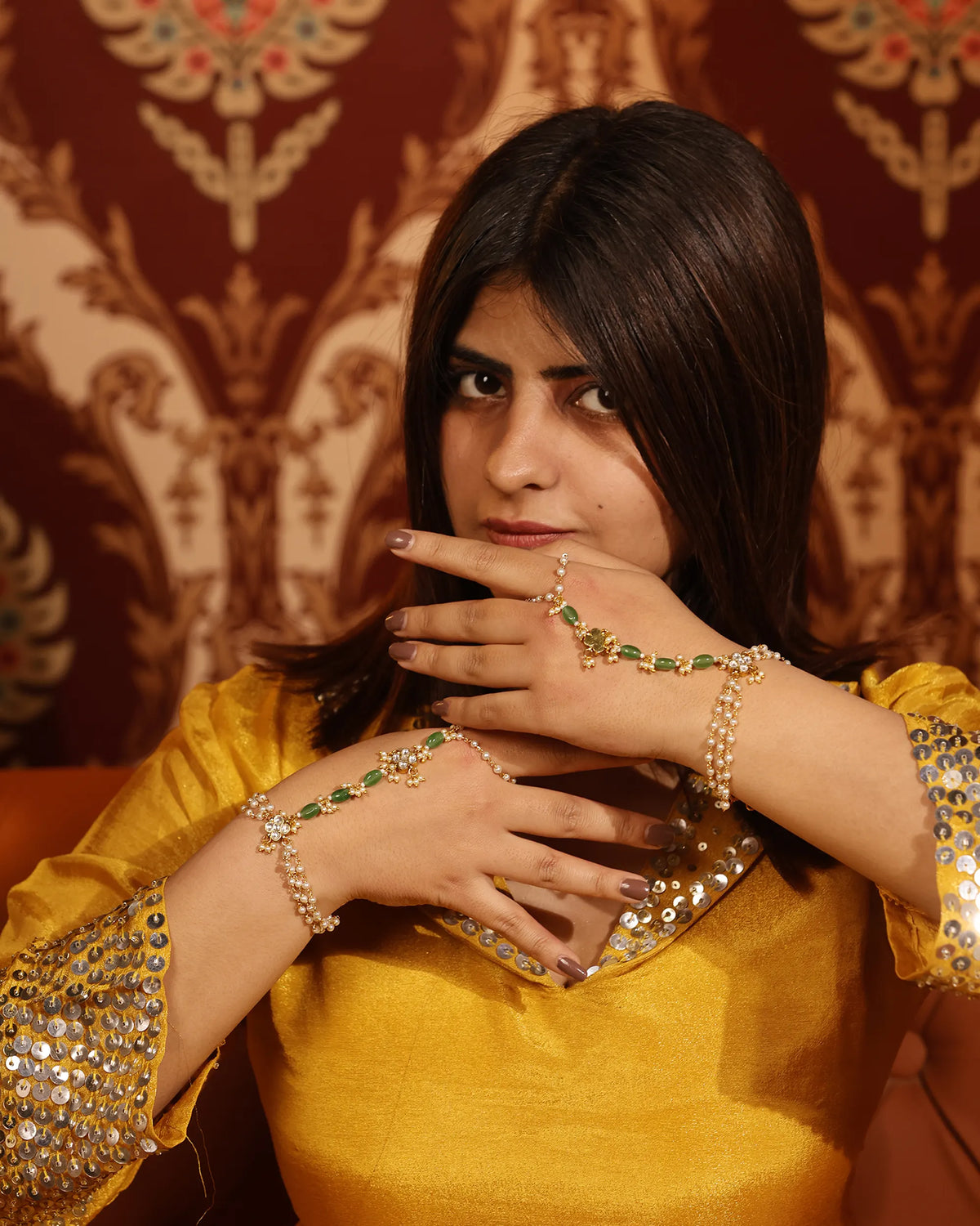 Traditional Kundan Hathphool Hand Harness, Indian Bridal Pearl Stone Hand Accessory