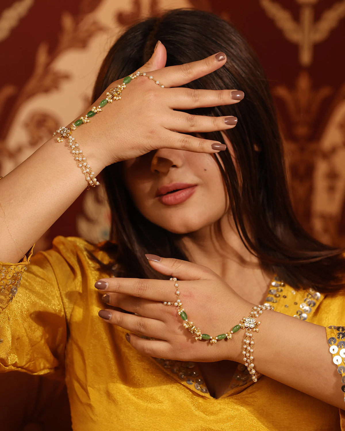 Traditional Kundan Hathphool Hand Harness, Indian Bridal Pearl Stone Hand Accessory