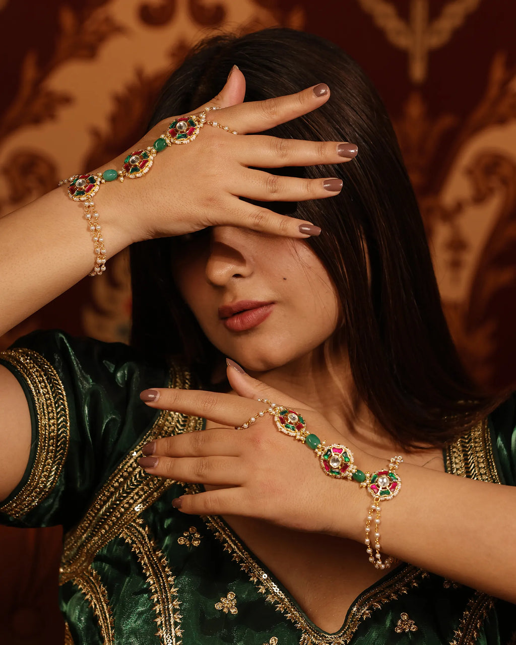 Gold Tone Kundan Style Hathphool Hand Harness Bridal Indian Wedding Jewelry