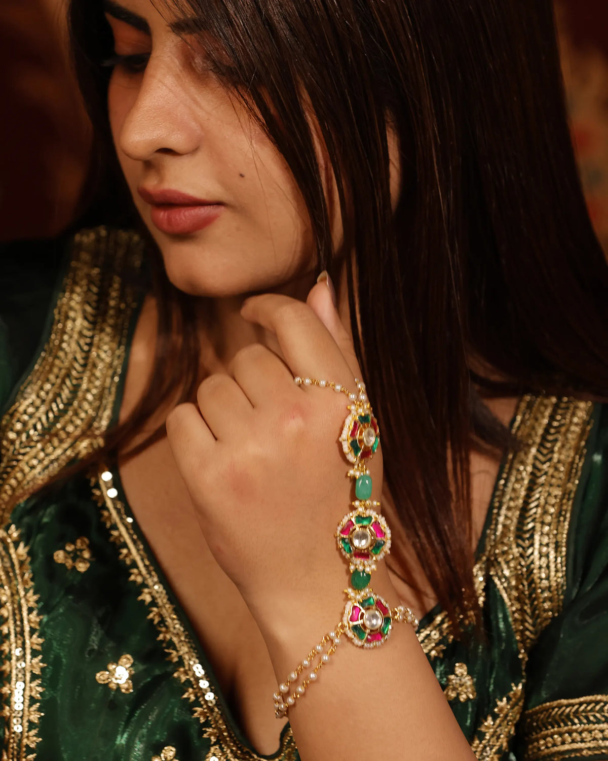 Gold Tone Kundan Style Hathphool Hand Harness Bridal Indian Wedding Jewelry