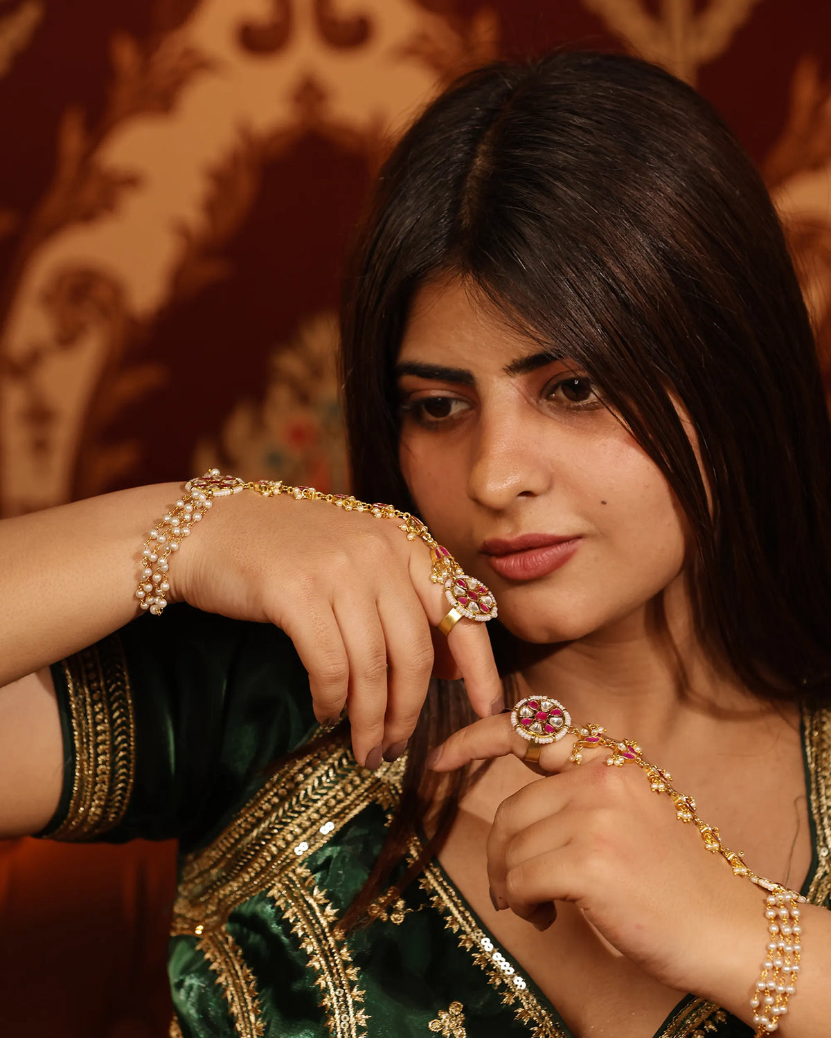 Hand Harness Hathphool, Ruby Red Kundan Pearl Indian Wedding Accessory