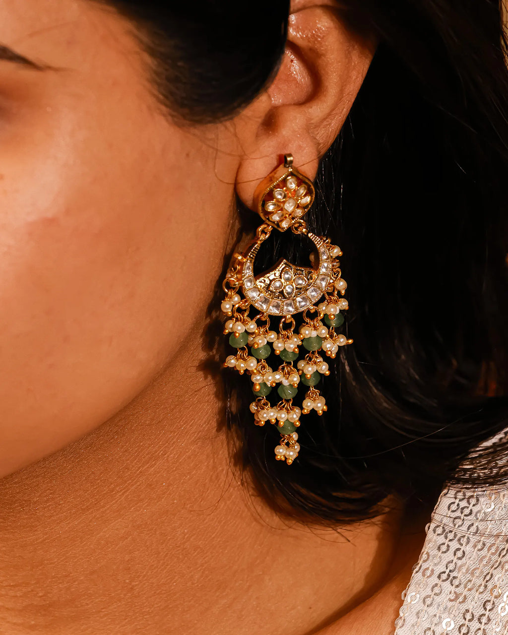 Heritage Pachi Kundan Chandbali Earrings Mint Green Beads and Pearls Jewellery
