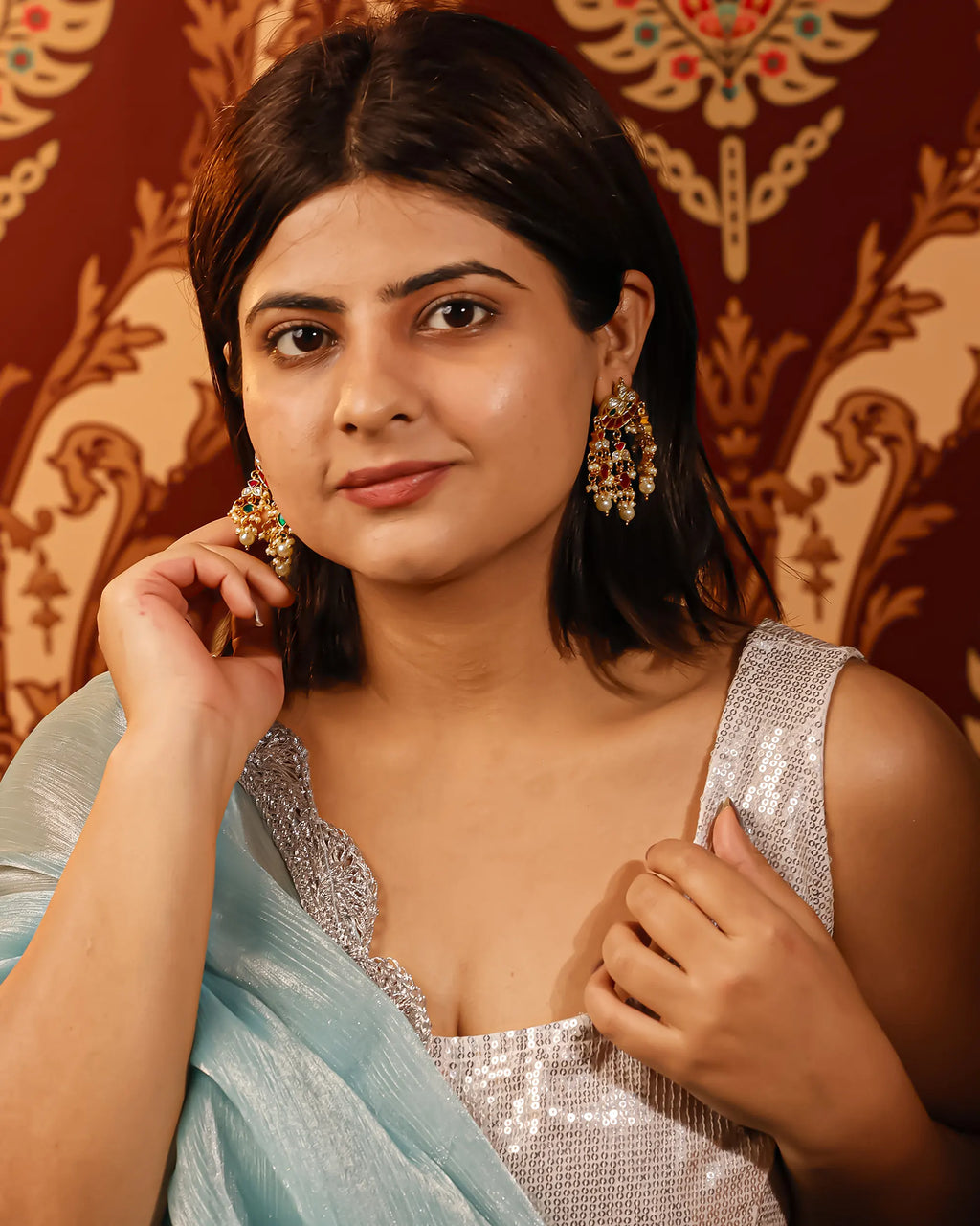 Pachi Kundan Chandbali Earrings, Ruby Emerald Pearl Latkan, Indian Bridal Jewelry