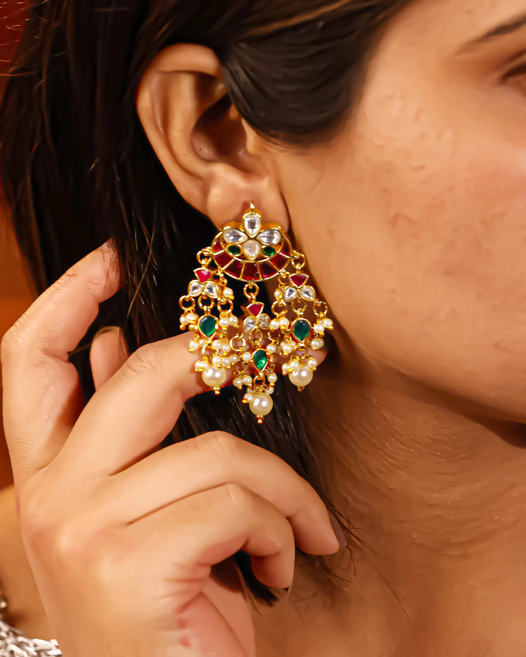 Pachi Kundan Chandbali Earrings, Ruby Emerald Pearl Latkan, Indian Bridal Jewelry