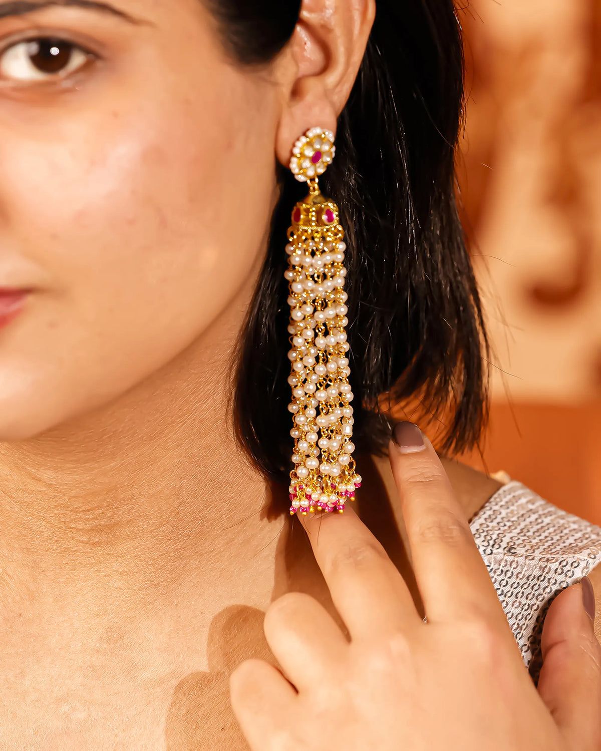 Kundan Pearl Tassel Jhumka Earrings, Pachi Kundan Bridal Wedding Jewelry