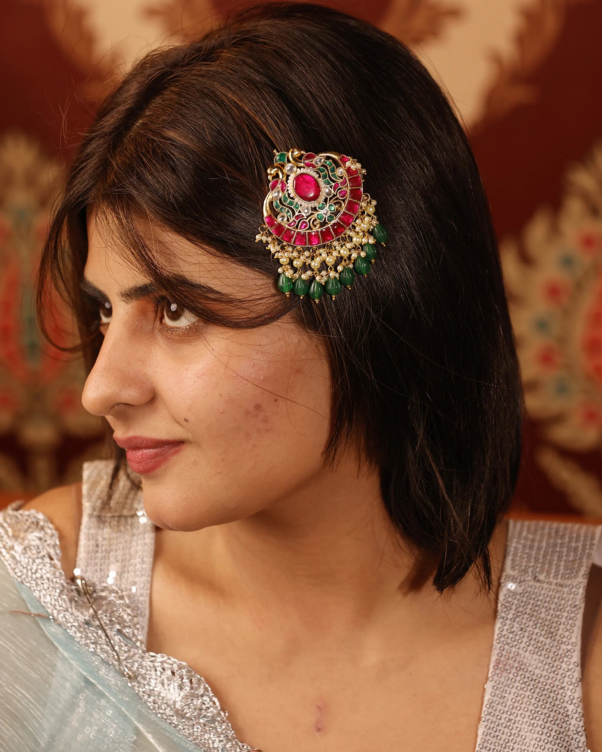 Traditional Kundan Hair Brooch, Gold-Toned Bridal Accessory