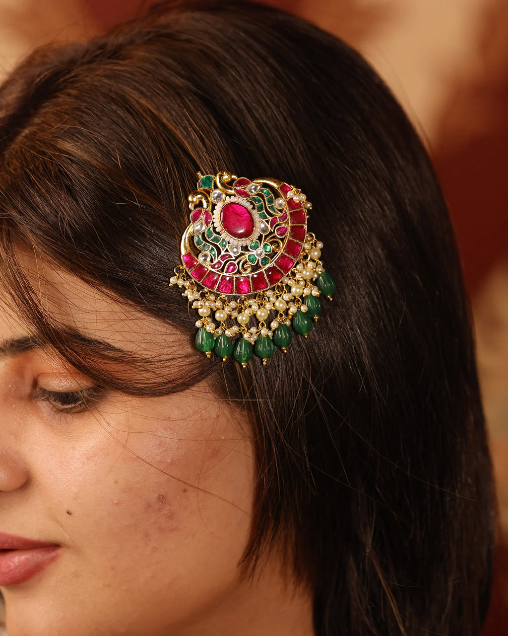 Traditional Kundan Hair Brooch, Gold-Toned Bridal Accessory