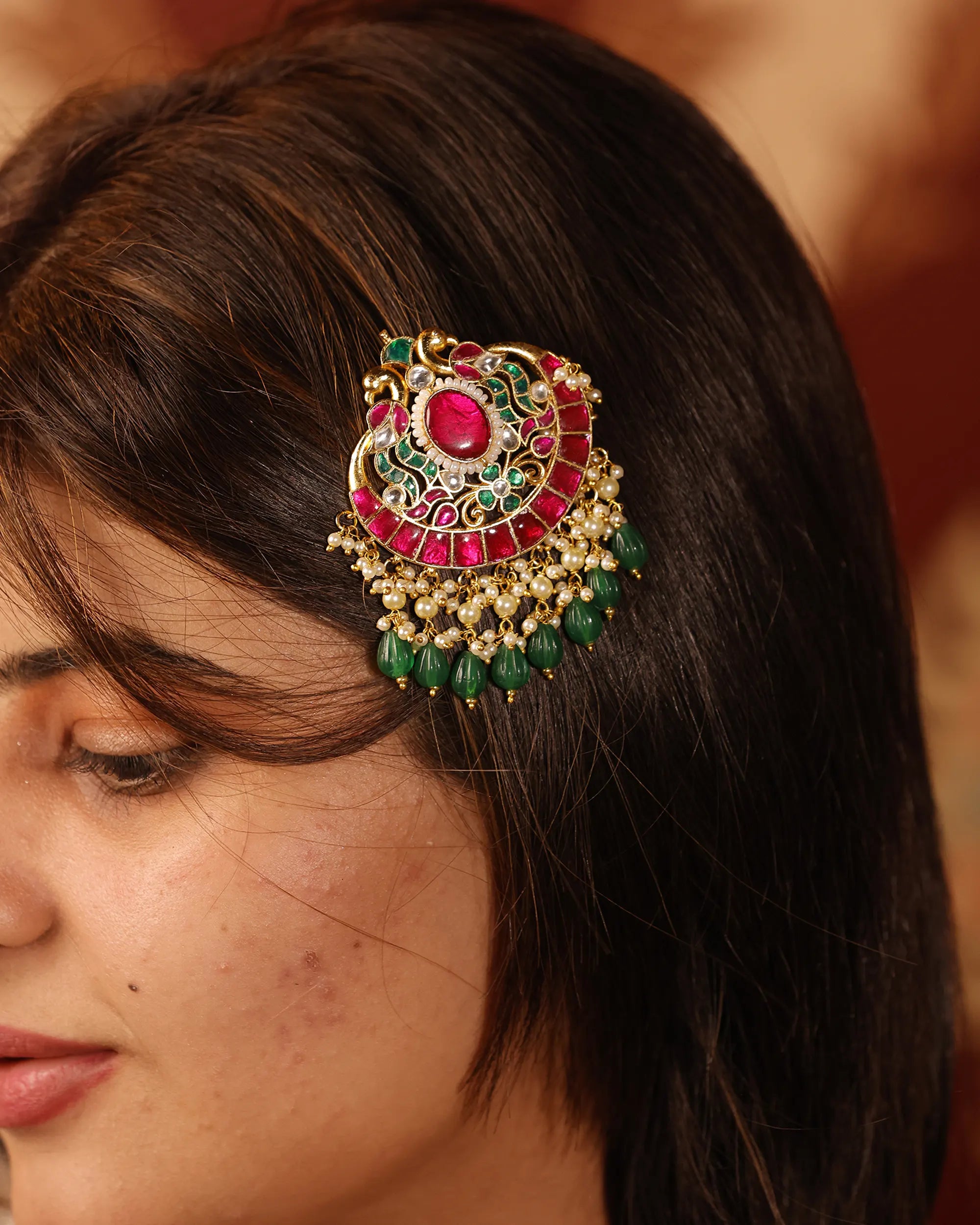 Traditional Kundan Hair Brooch, Gold-Toned Bridal Accessory