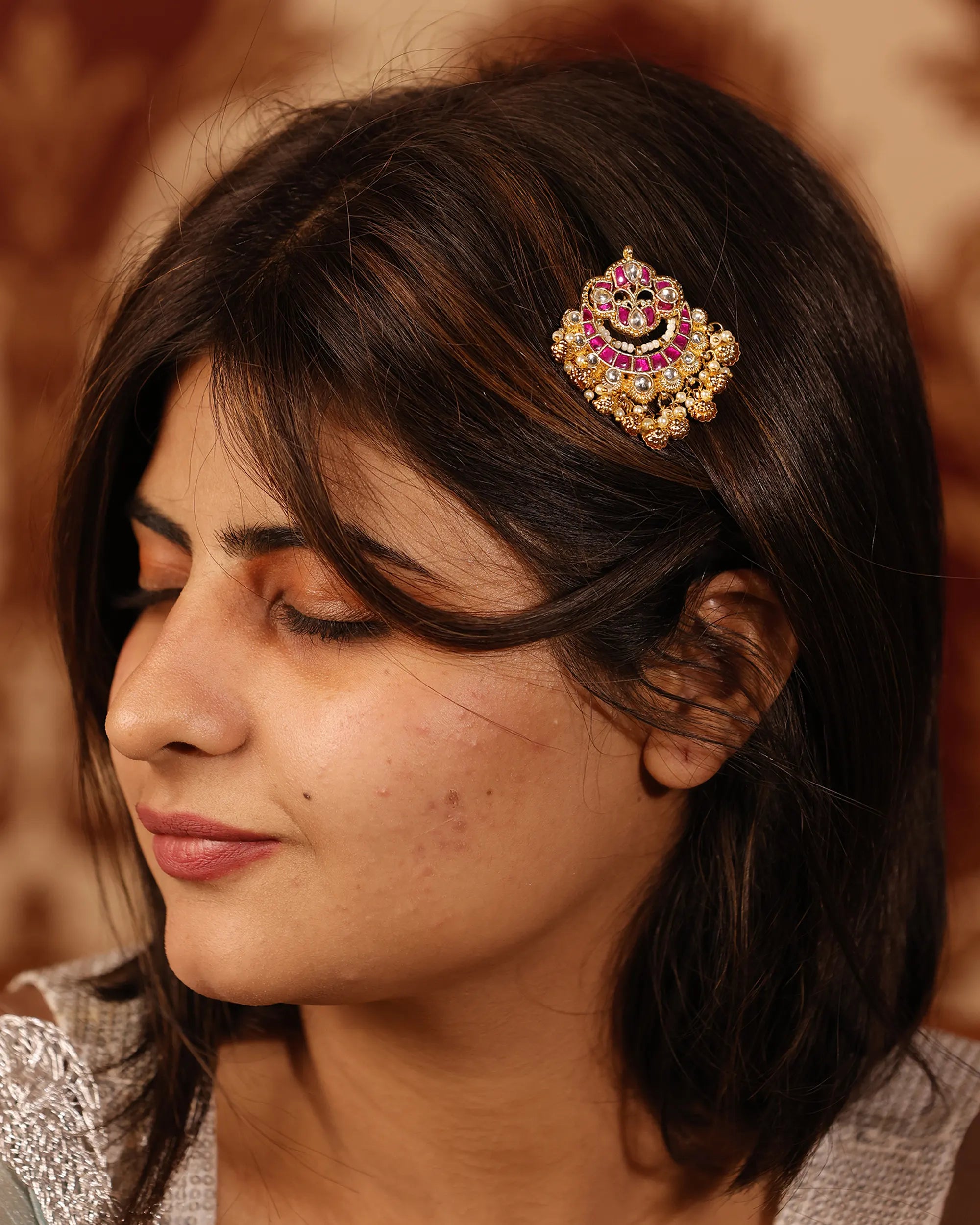 Kundan Hair Brooch, Ruby Stone Bridal Accessory