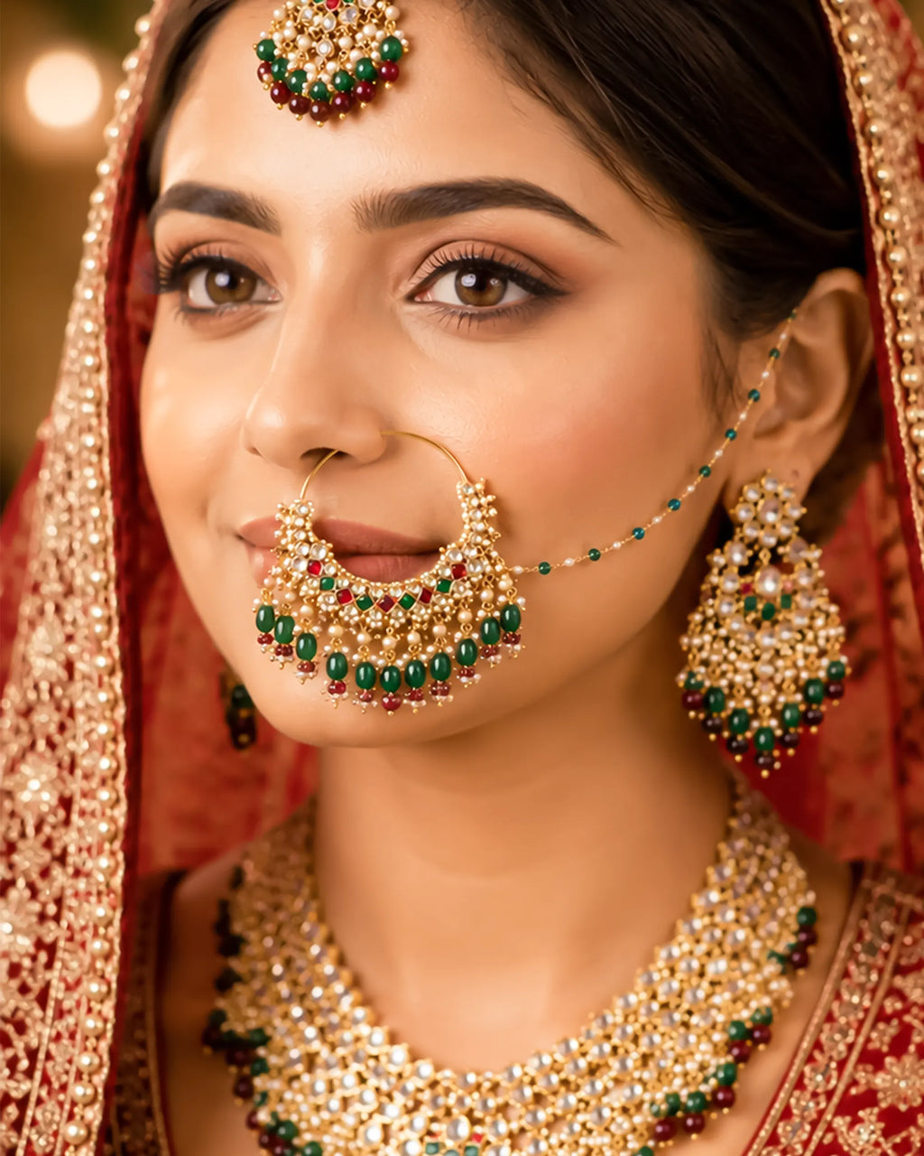bridal nath Traditional Bridal Nath with Sahara Chain, Kundan Pearl Nose Ring, Green Drops, Ethnic Jewelry