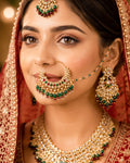 bridal nath Traditional Bridal Nath with Sahara Chain, Kundan Pearl Nose Ring, Green Drops, Ethnic Jewelry