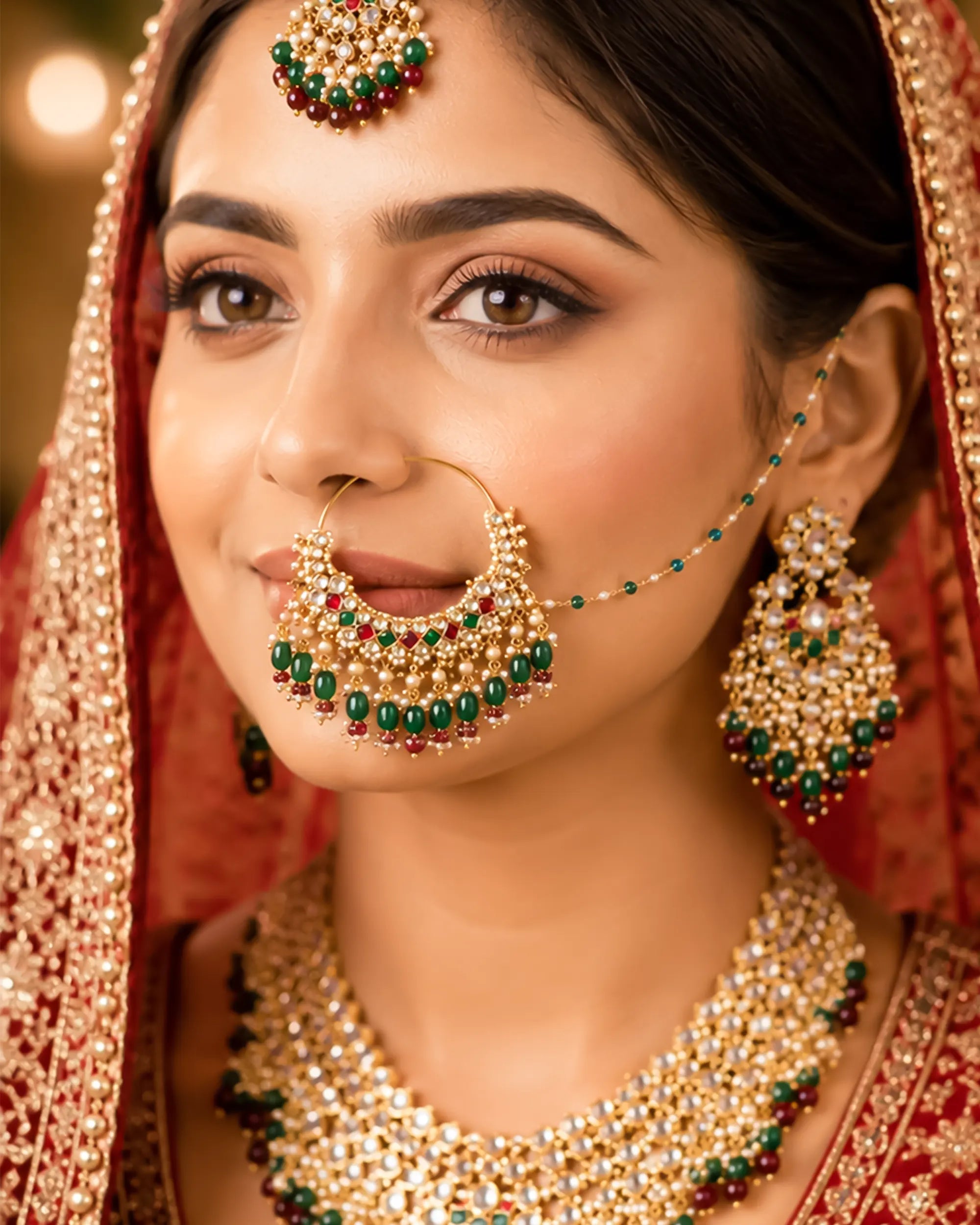 bridal nath Traditional Bridal Nath with Sahara Chain, Kundan Pearl Nose Ring, Green Drops, Ethnic Jewelry