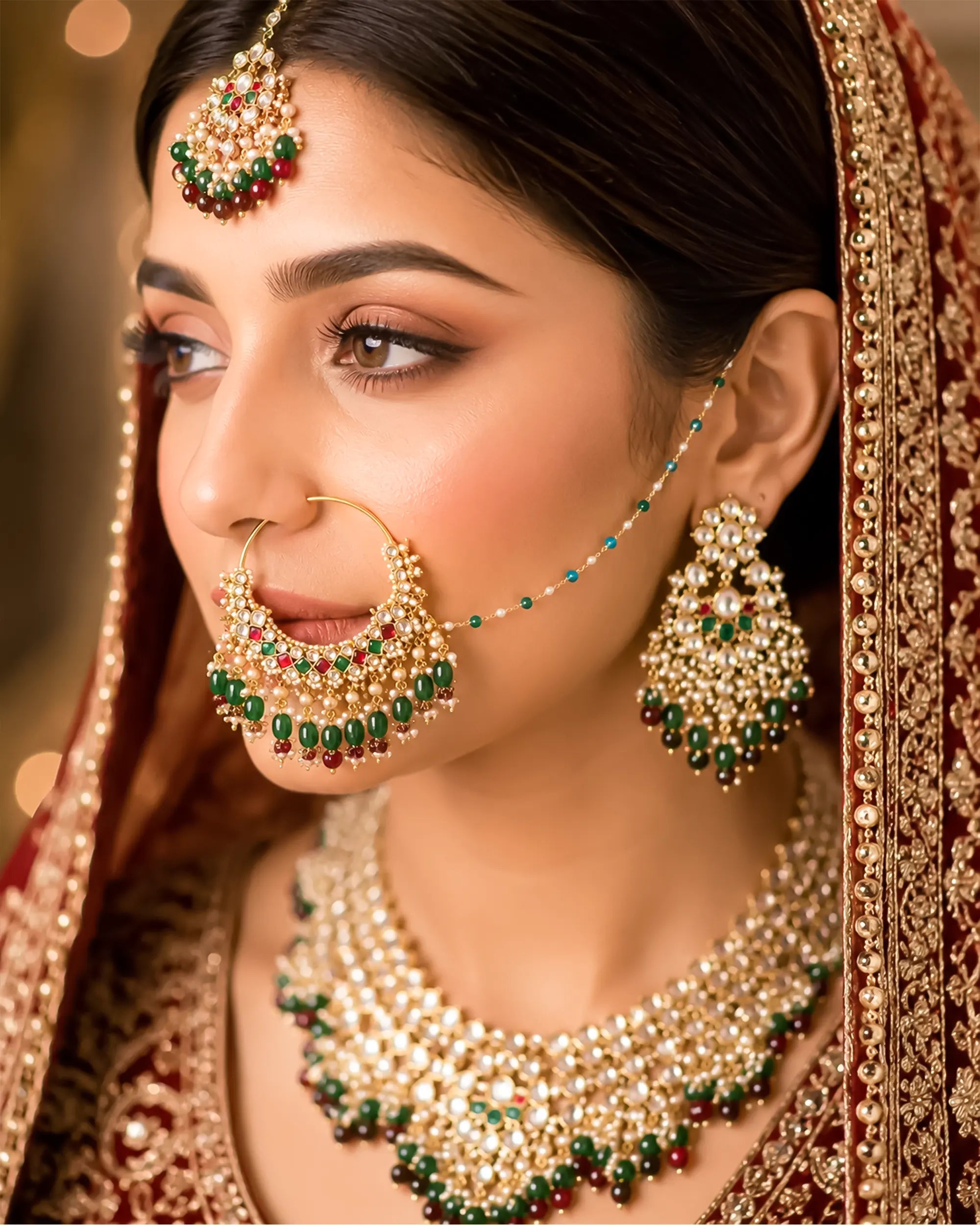 bridal nath Traditional Bridal Nath with Sahara Chain, Kundan Pearl Nose Ring, Green Drops, Ethnic Jewelry