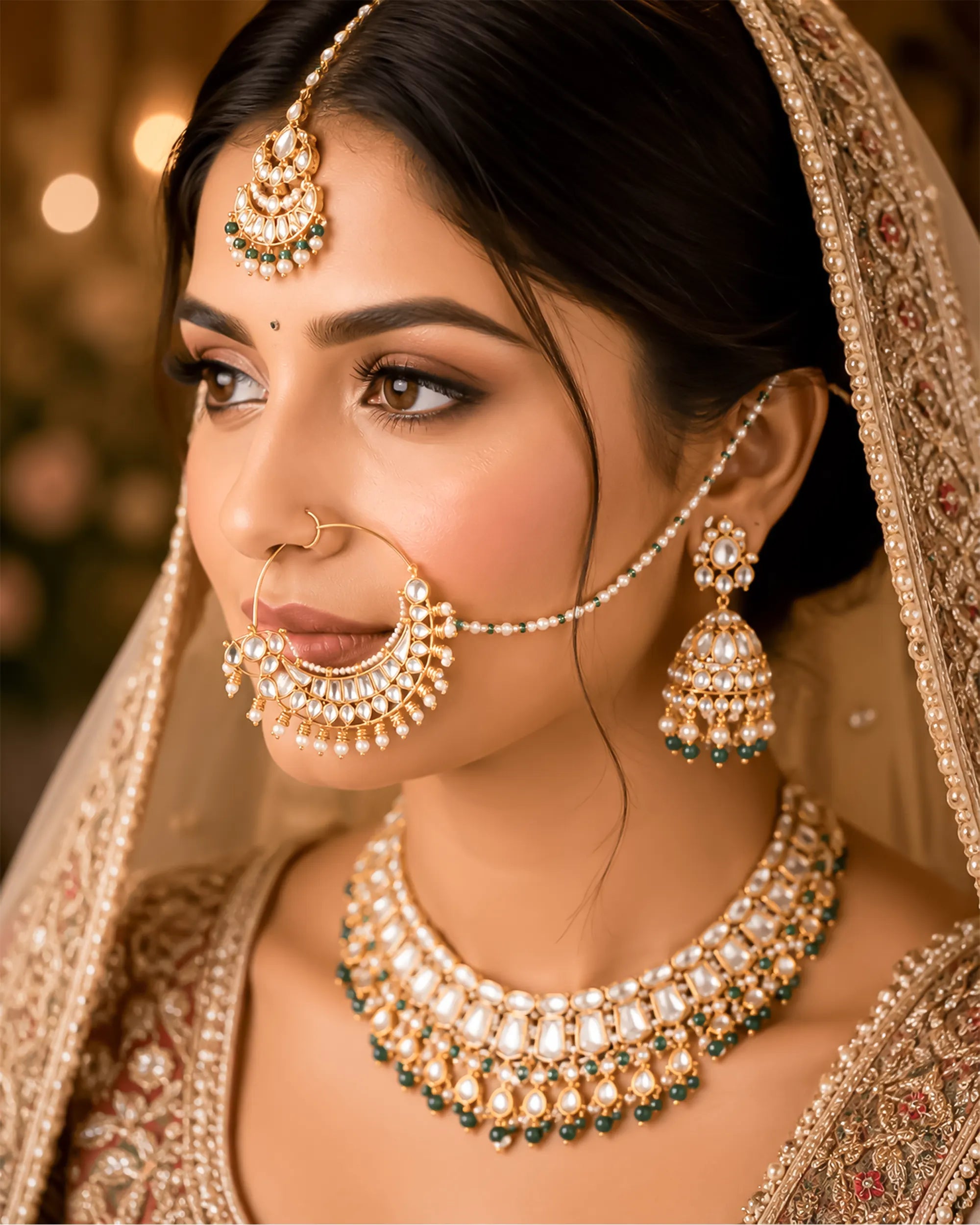 Minimal Bridal Nath with Kundan Pearl Chain | Traditional Indian Wedding Nose Ring