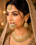 Floral Kundan Nath with Mint Green Drops, Pearl Chain Nose Ring, Indian Wedding Jewelry