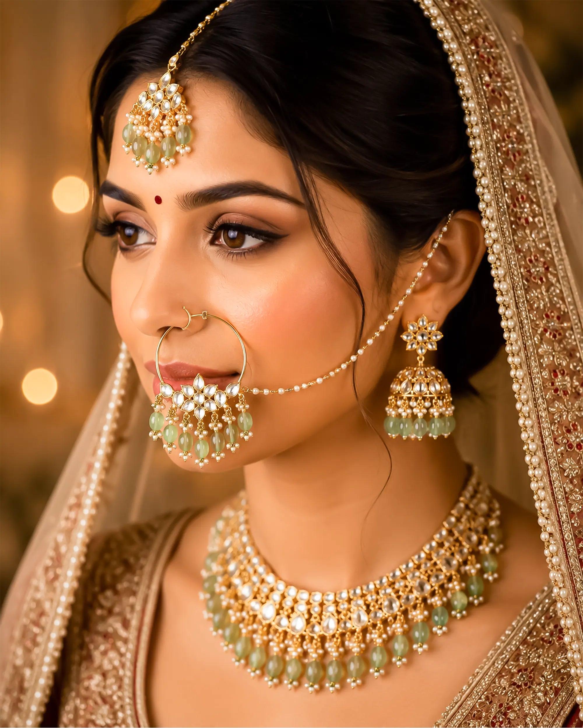Floral Kundan Nath with Mint Green Drops, Pearl Chain Nose Ring, Indian Wedding Jewelry
