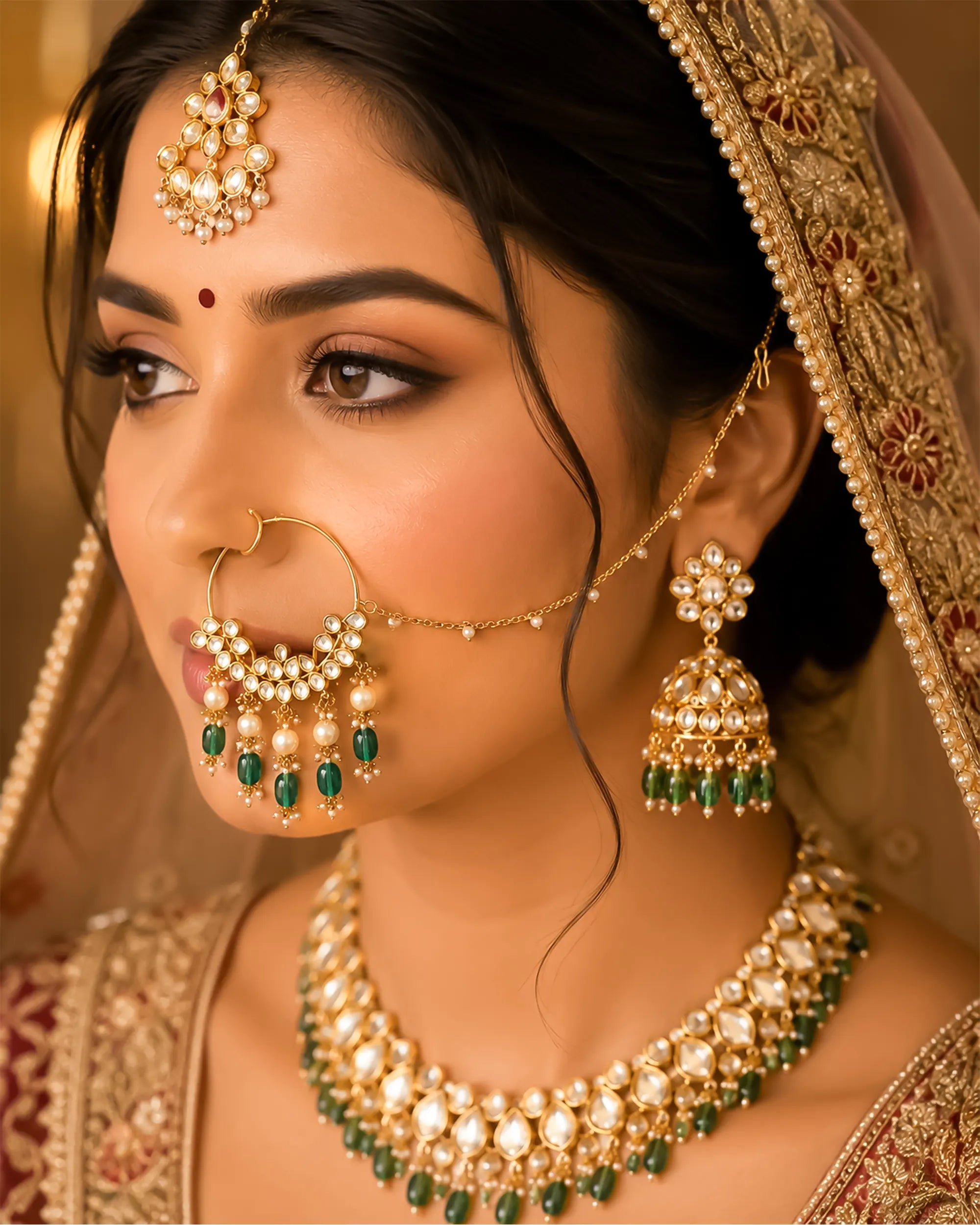 Gold Plated Bridal Nath with Kundan Crescent | Pearl Emerald Drop Nose Ring, Sahara Chain