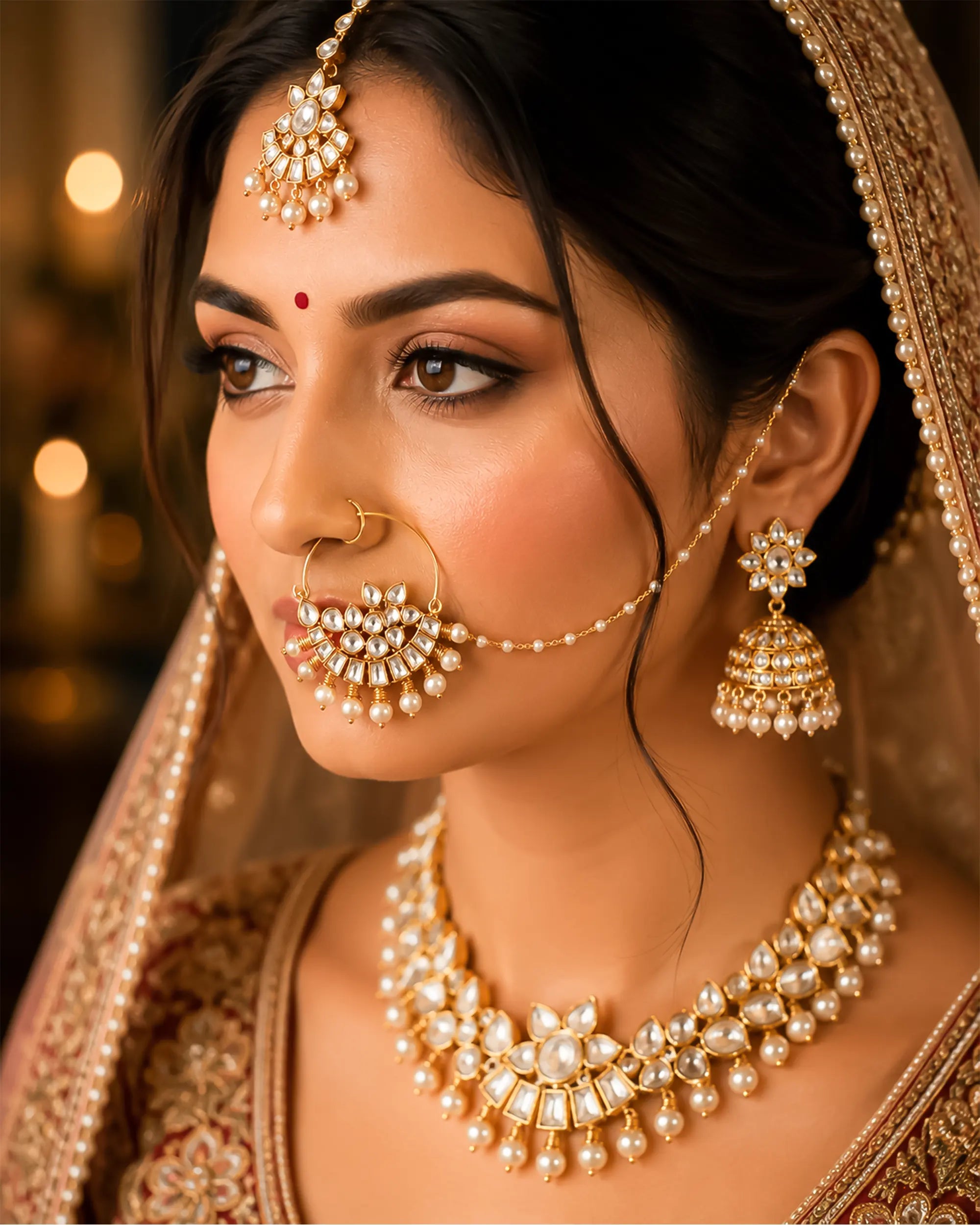 All White Kundan Bridal Nath | Gold Plated Crescent Pearl Nose Ring