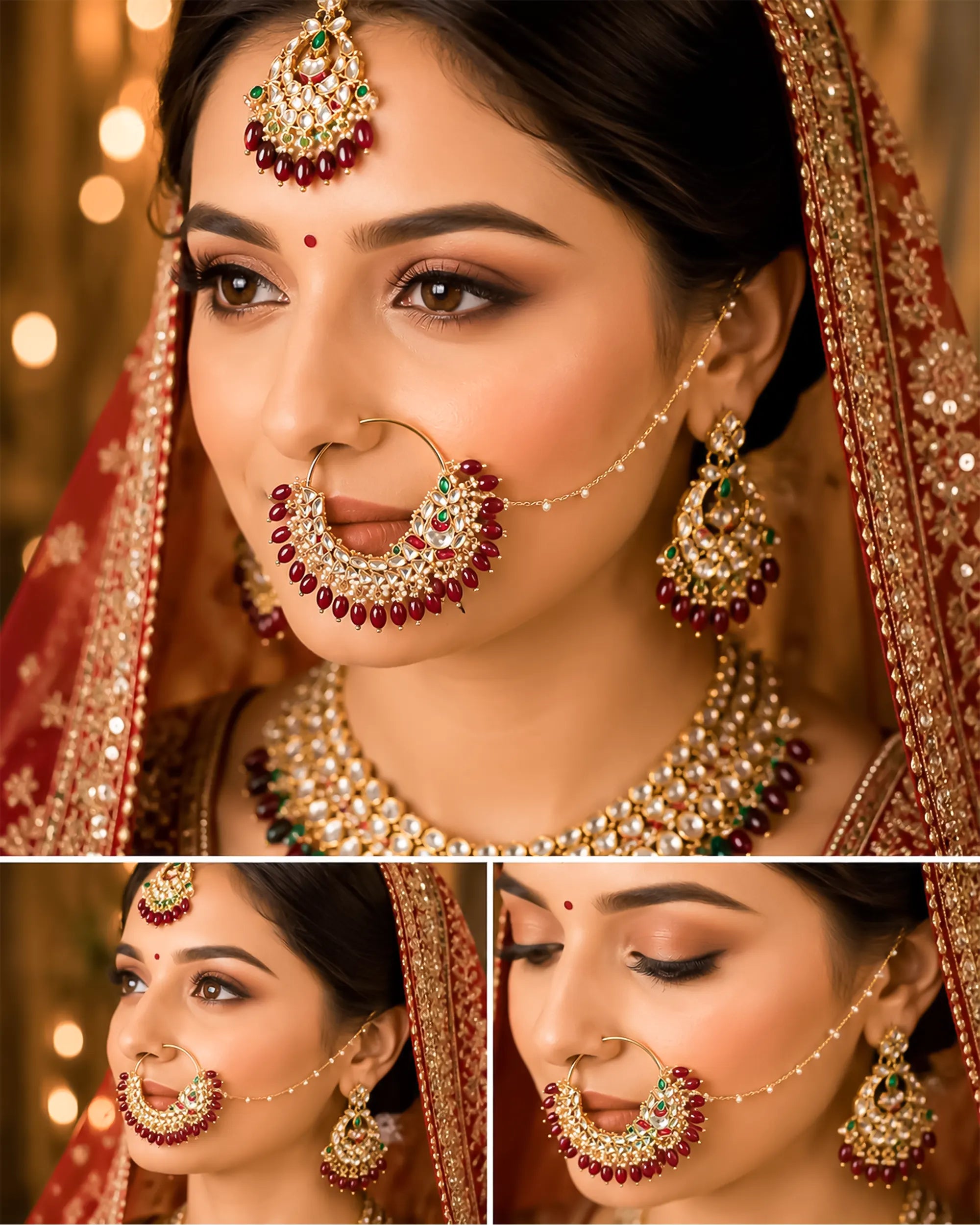 Heavy Kundan Bridal Nath, Ruby Green Pearl Drops, Sahara Chain Royal Jewelry