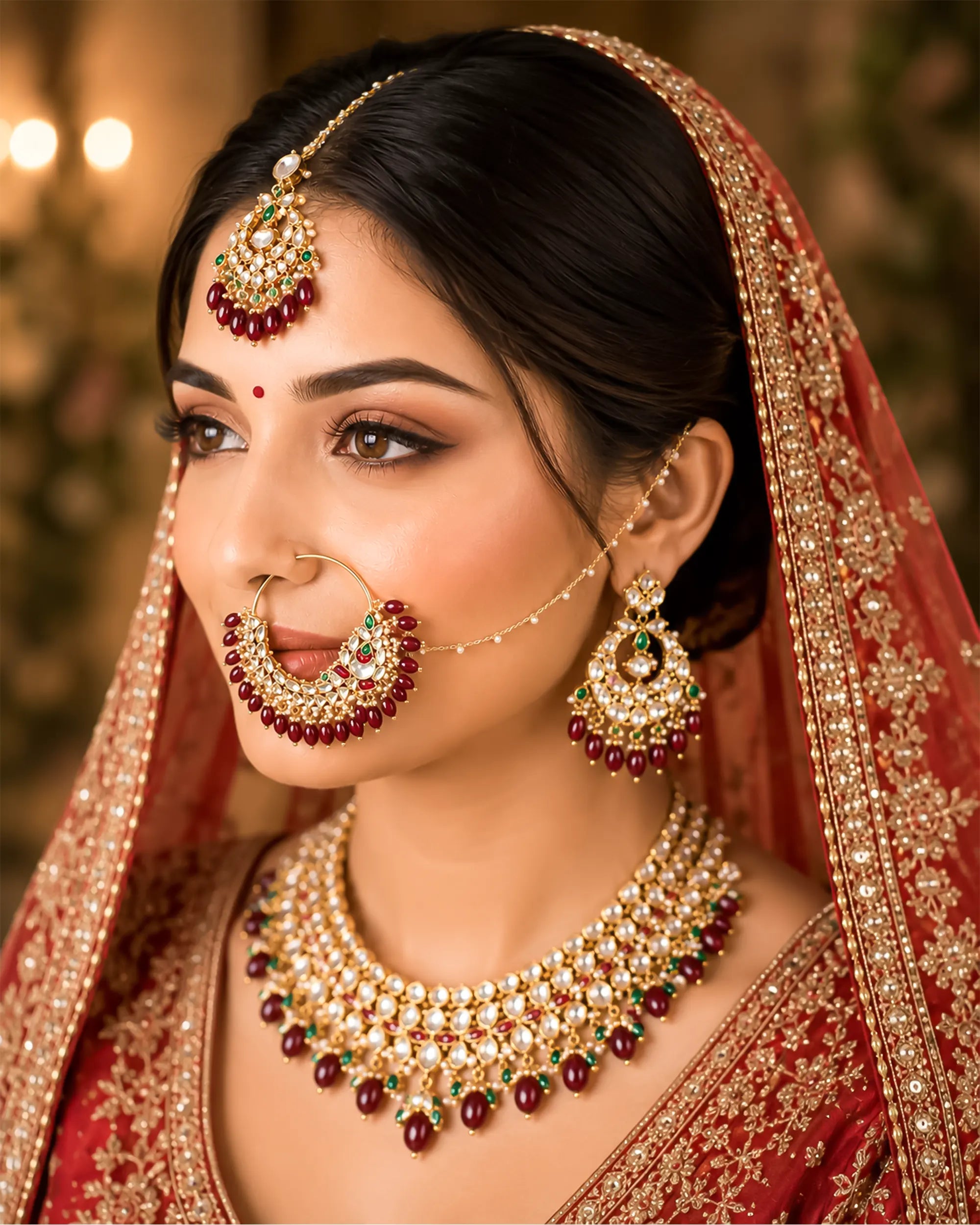 Heavy Kundan Bridal Nath, Ruby Green Pearl Drops, Sahara Chain Royal Jewelry