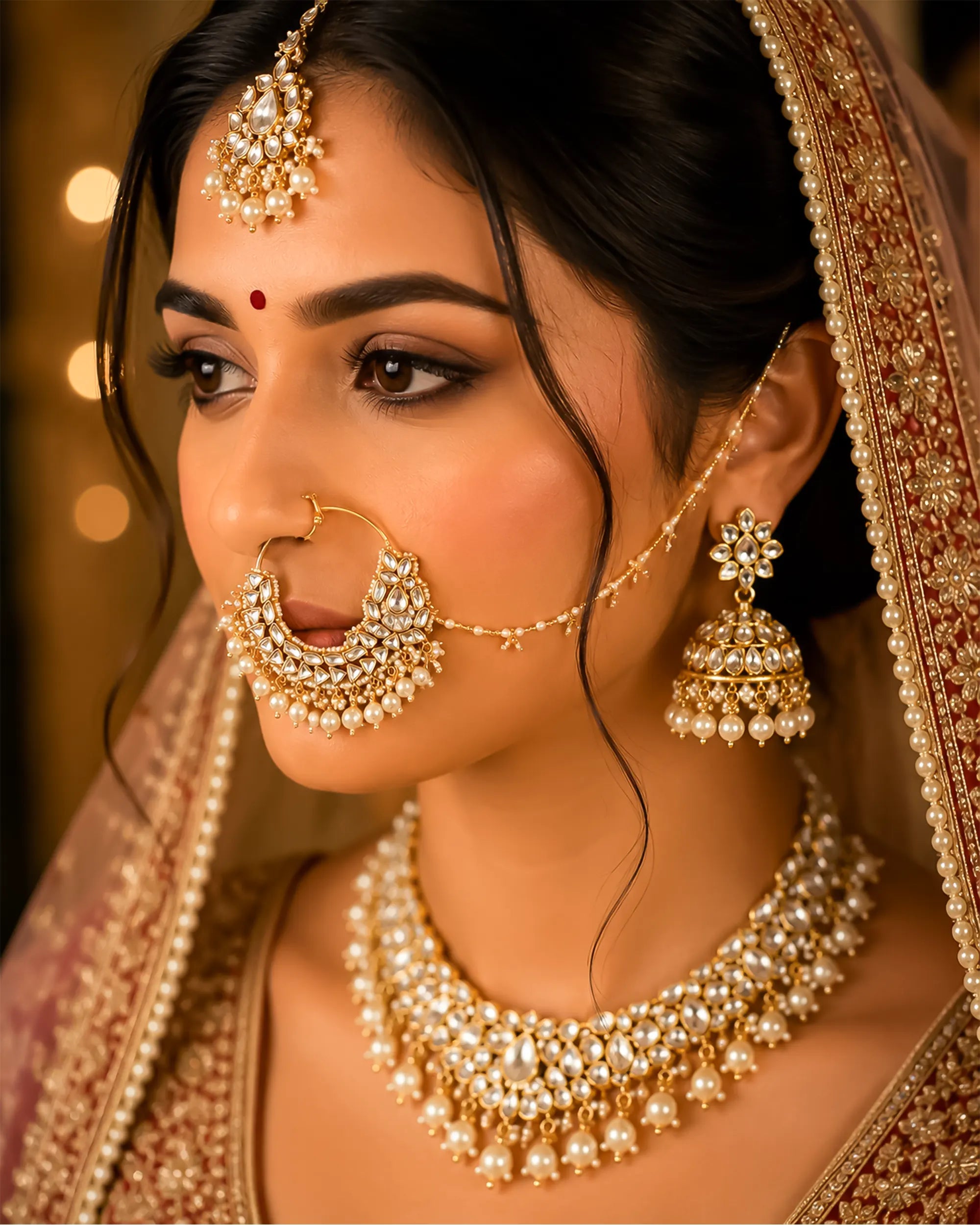 Heavy Bridal Kundan Nath with Pearl Clusters | Traditional Indian Wedding Nose Ring Sahara Chain