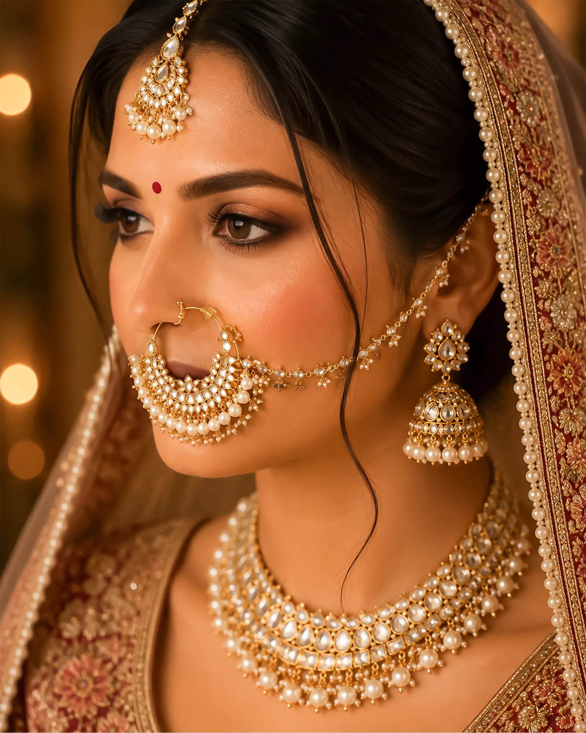 Kundan Bridal Nath with Pearl Clusters | Traditional Indian Wedding Nose Ring with Sahara Chain