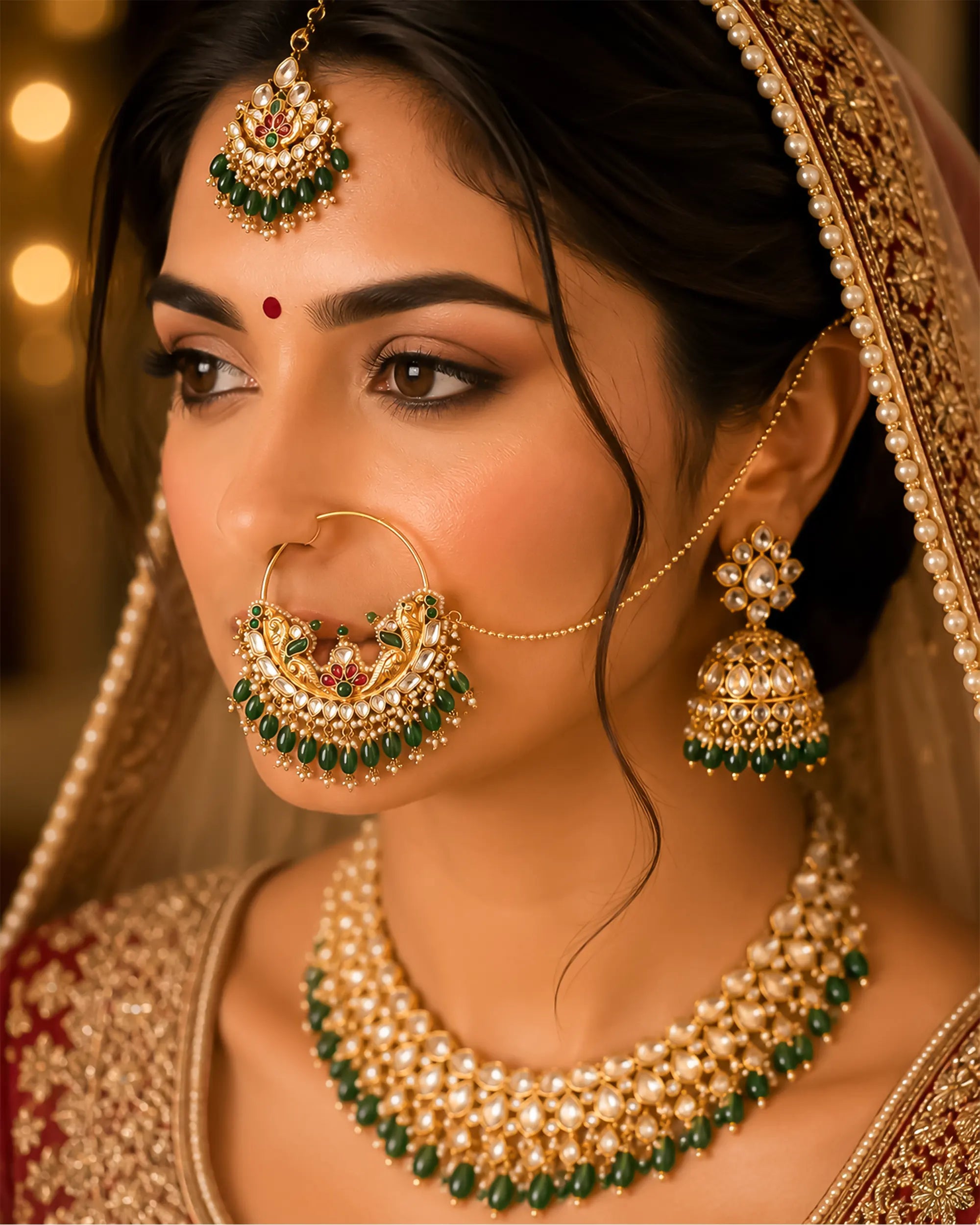Heavy Royal Peacock Kundan Bridal Nath Emerald Ruby Enamel Pearl Drop Nose Ring Sahara Chain