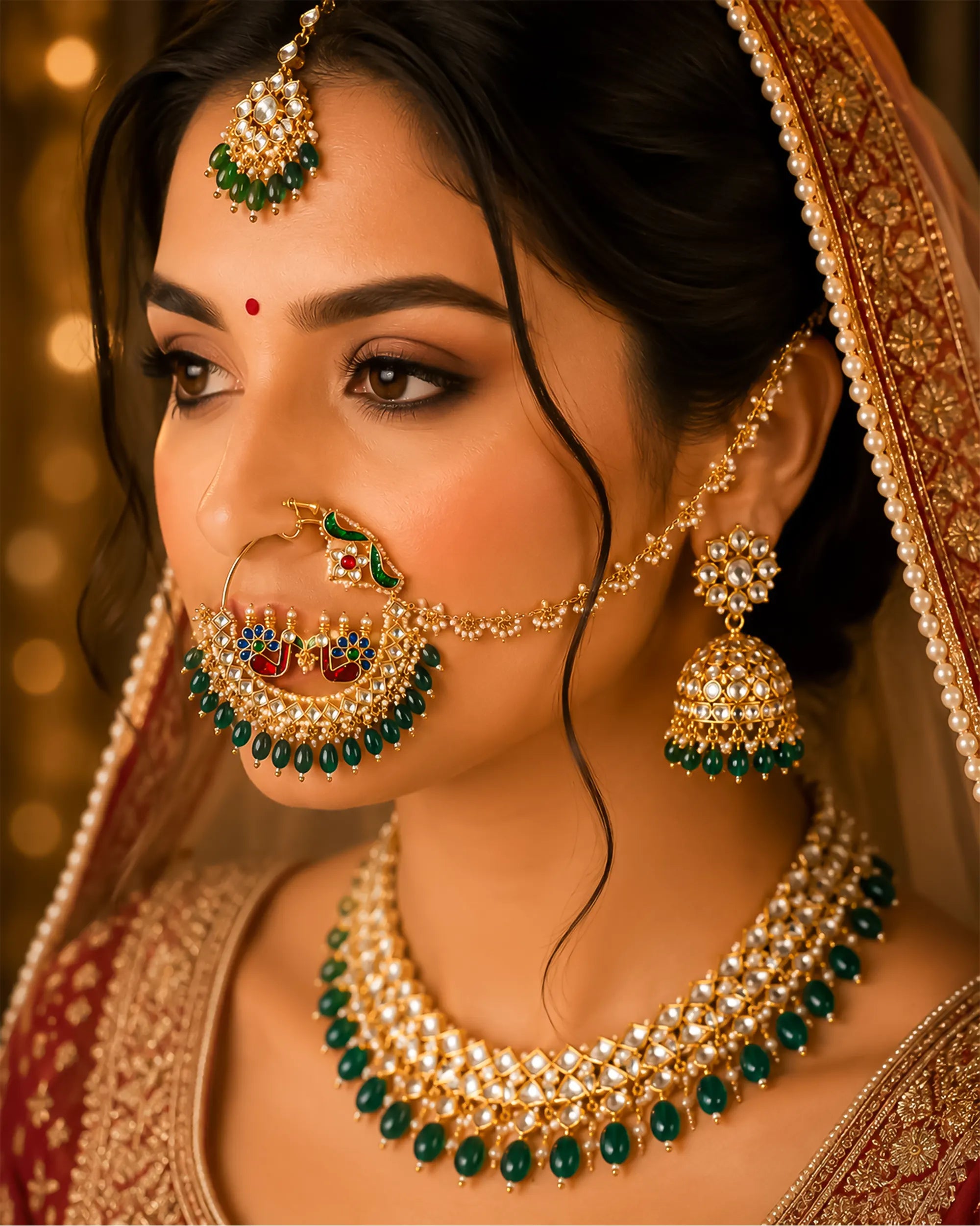 Royal Twin Peacock Meenakari Bridal Nath | Gold Plated Kundan Pearl Nose Ring Sahara Chain