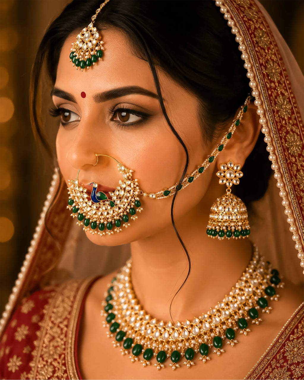 Nath nupcial Meenakari pavo real real | Anillo de nariz de esmeralda Kundan chapado en oro con cadena Sahara