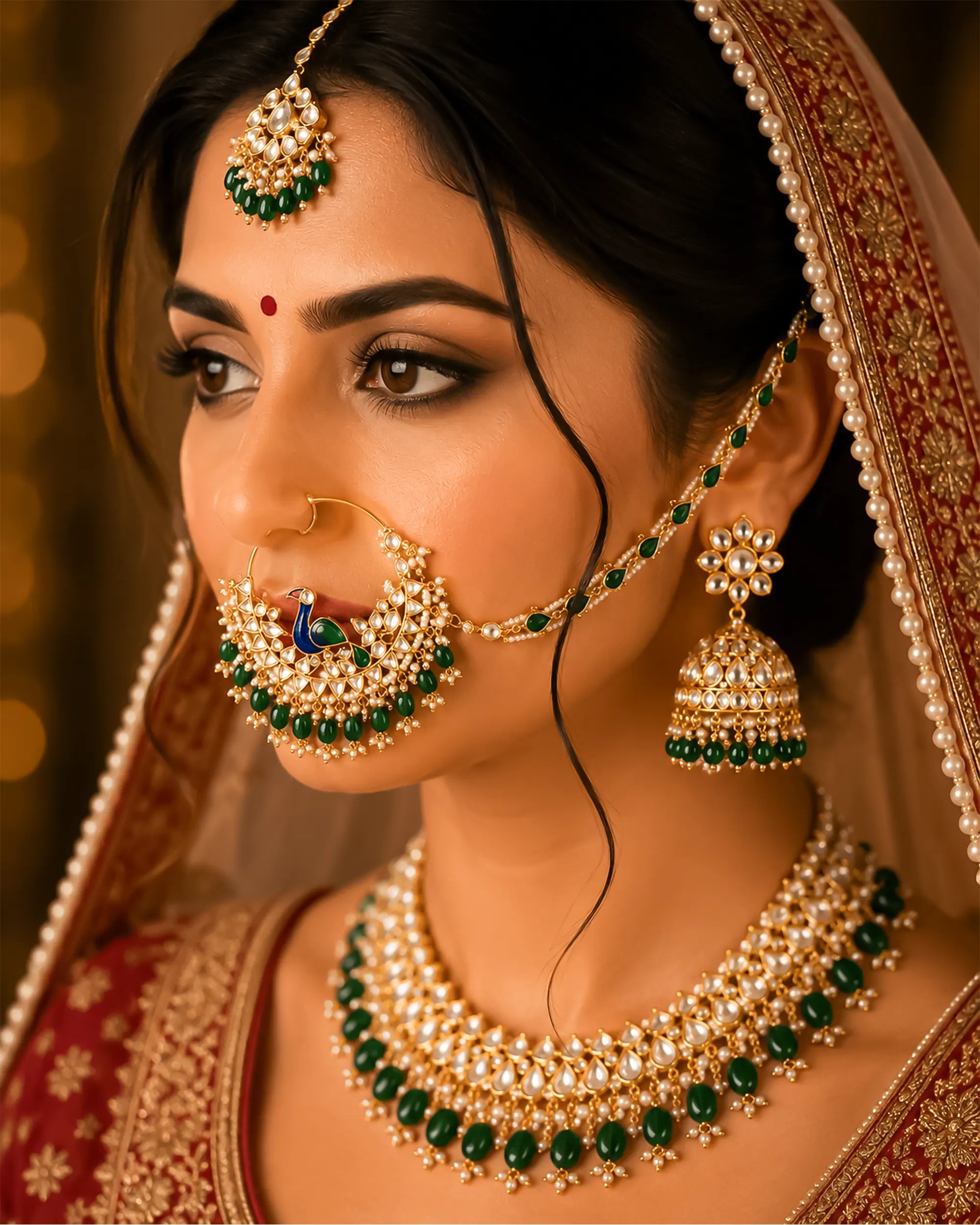 Royal Peacock Meenakari Bridal Nath | Gold Plated Kundan Emerald Nose Ring with Sahara Chain