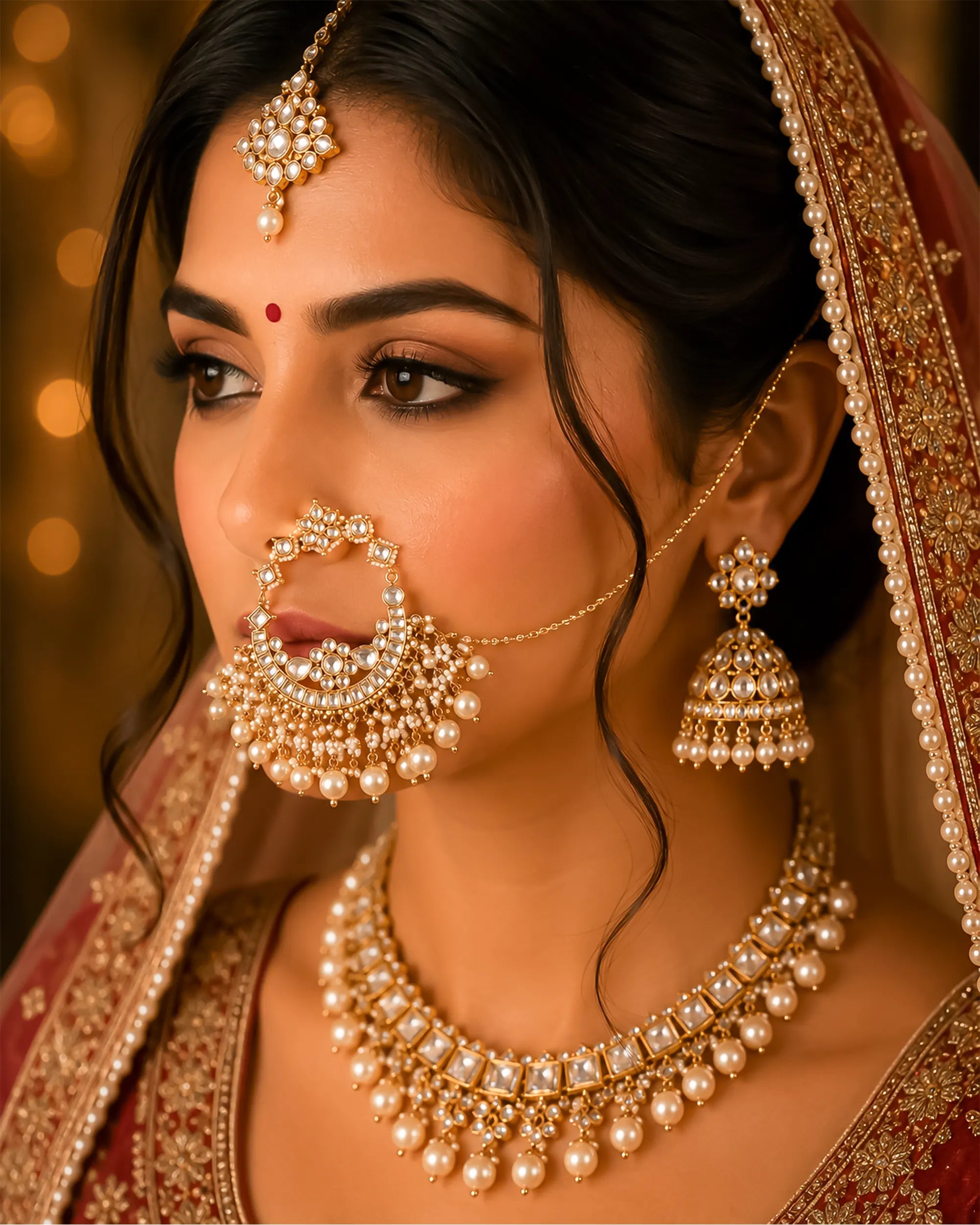 Heavy Kundan Bridal Nath | Ruby Emerald Accents, Pearl Waterfall Nose Ring