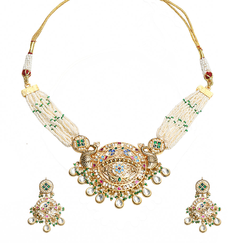 Elegant Gold Finish Choker Necklace Set with Earrings