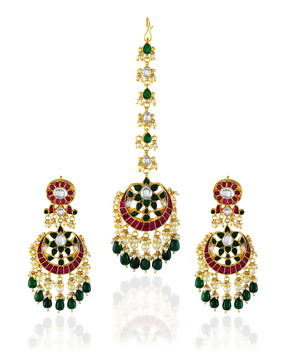 Kundan Jewellery Emerald Green Kundan Tikka Set, Indian Bridal Hair Jewelry