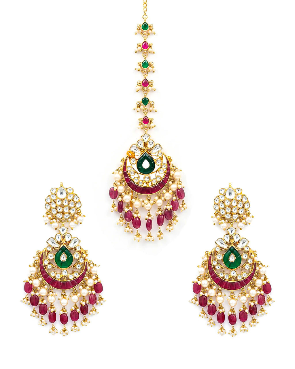 Kundan Chandbali Earrings and Maang Tikka Set, Ruby Emerald Bridal Jewelry