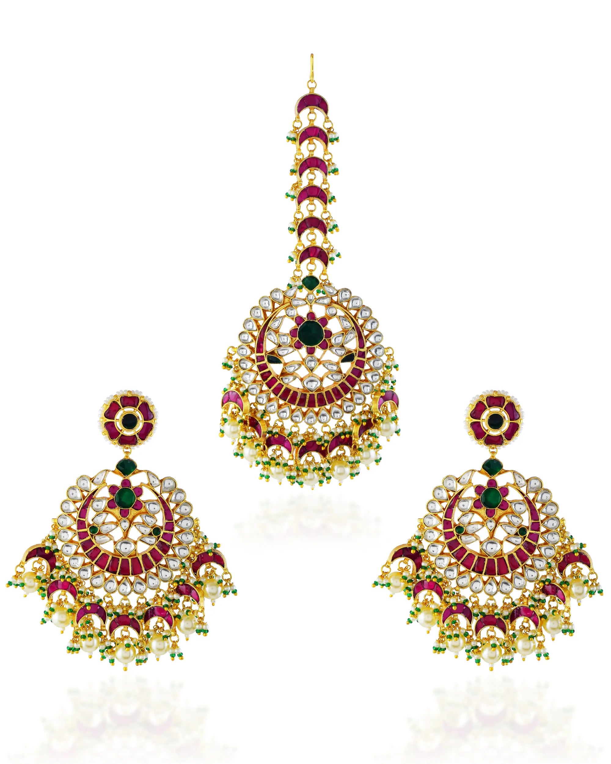 Grand Ruby Emerald Kundan Chandbali Earrings and Maang Tikka Set Bridal Jewelry