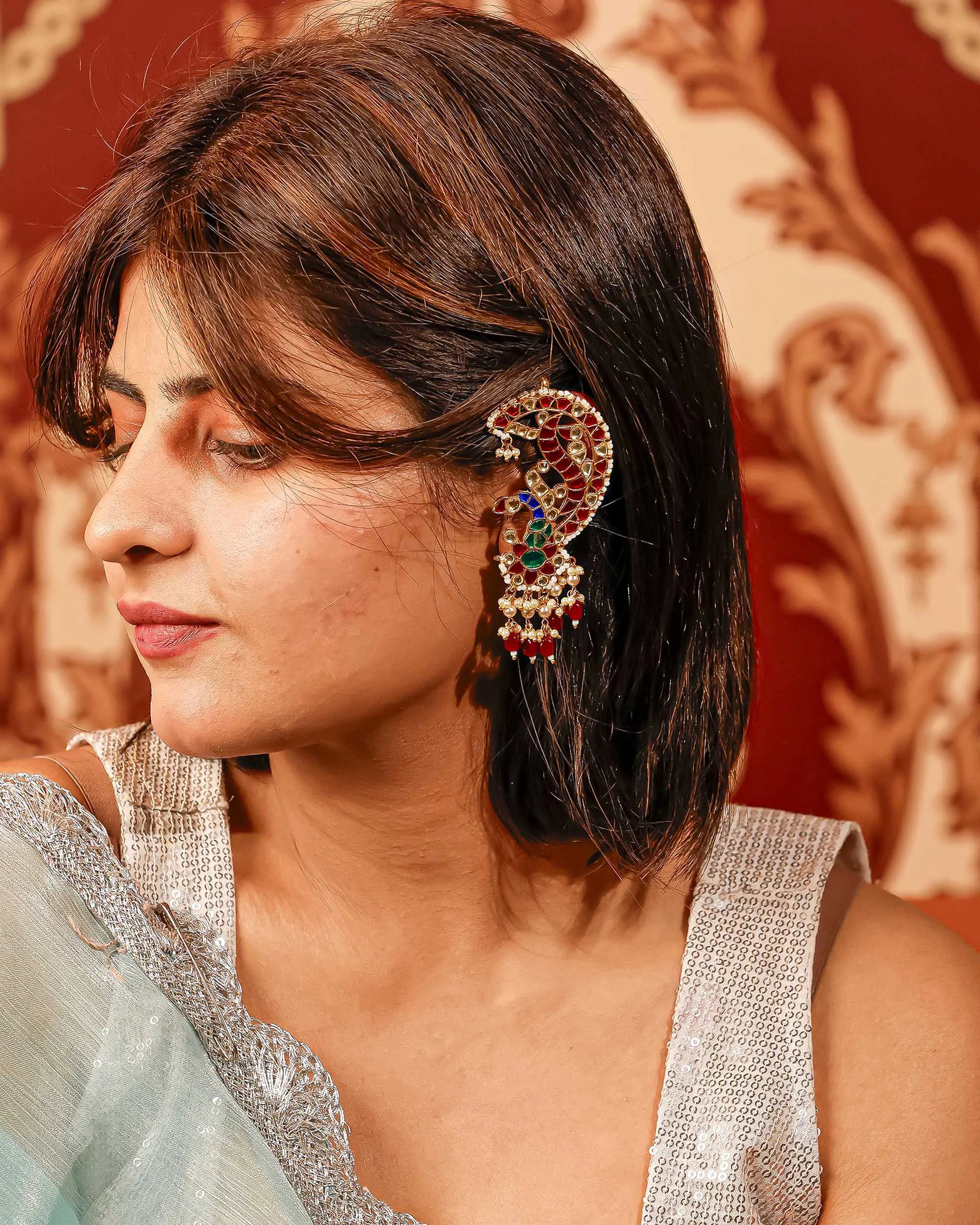 Peacock Kundan Earcuffs Multi-Color Ruby Bead Drops