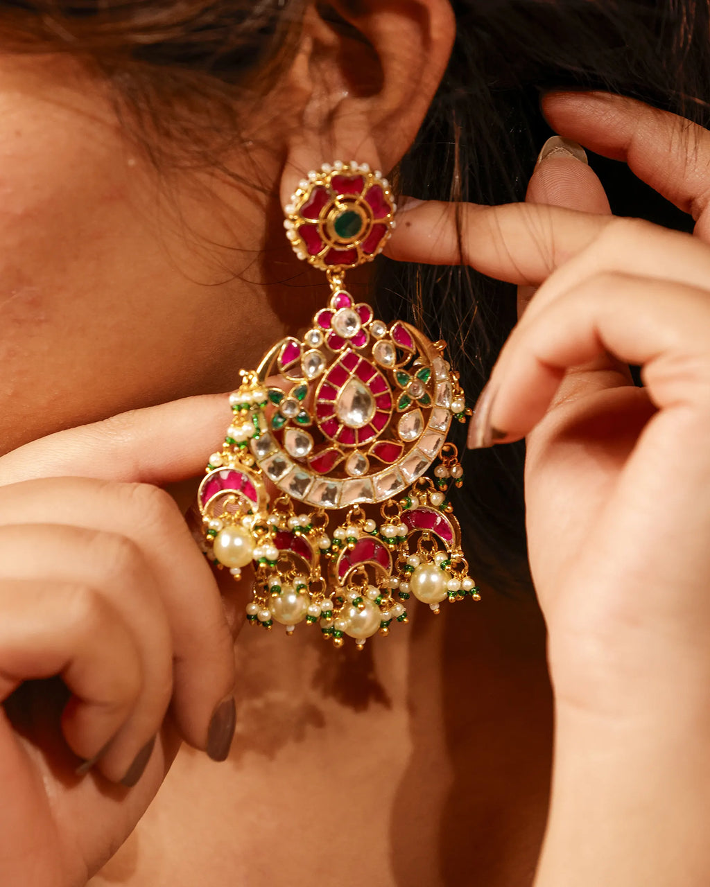 Kundan Chandbali Earrings and Maang Tikka Set, Traditional Indian Bridal Jewelry