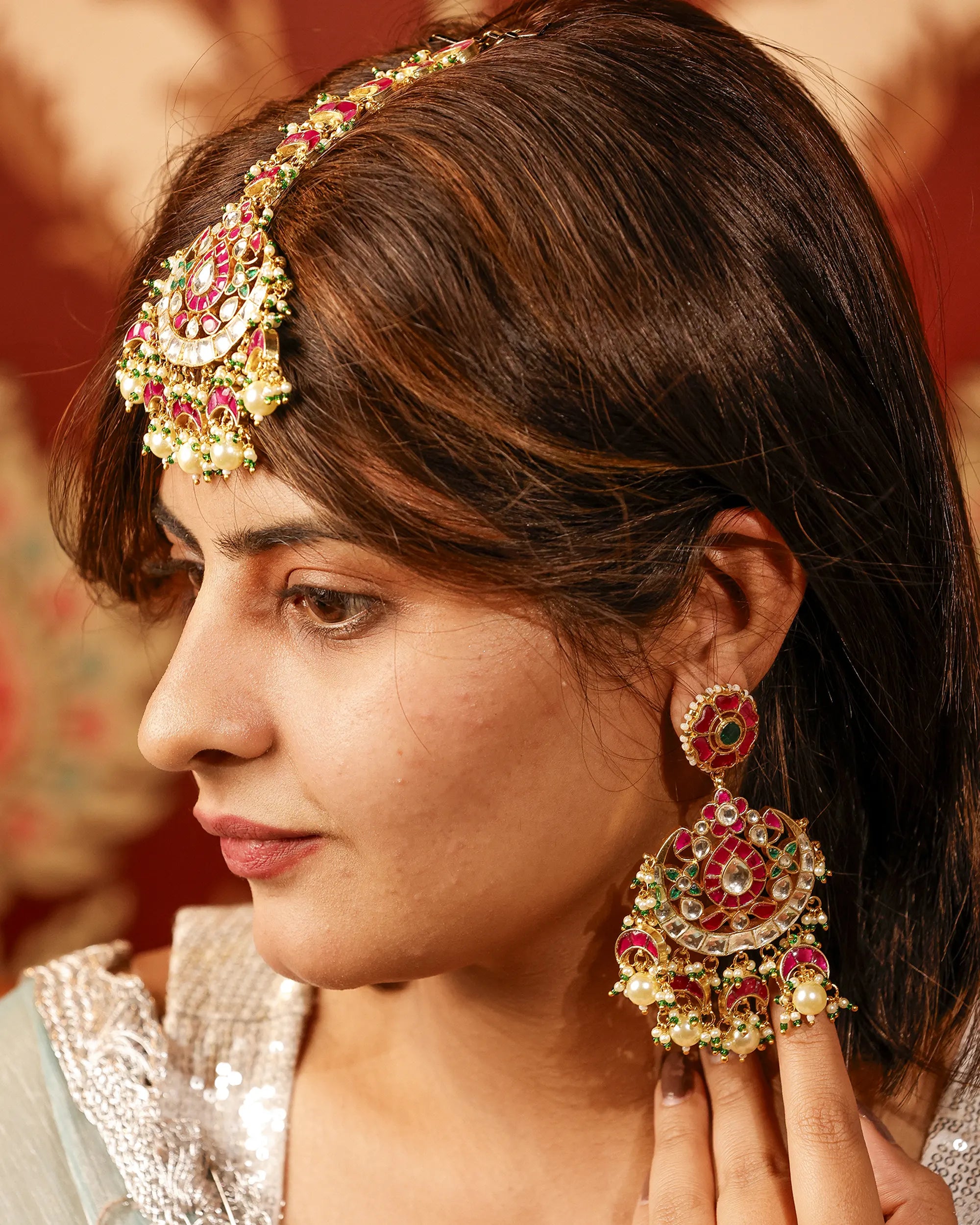 Kundan Chandbali Earrings and Maang Tikka Set, Traditional Indian Bridal Jewelry