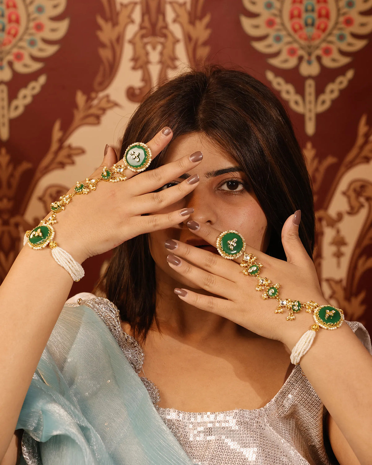 Green Enamel Pearl Haathphool Kundan Inspired Bridal Hand Harness Ethnic Jewelry