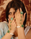 Green Enamel Pearl Haathphool Kundan Inspired Bridal Hand Harness Ethnic Jewelry